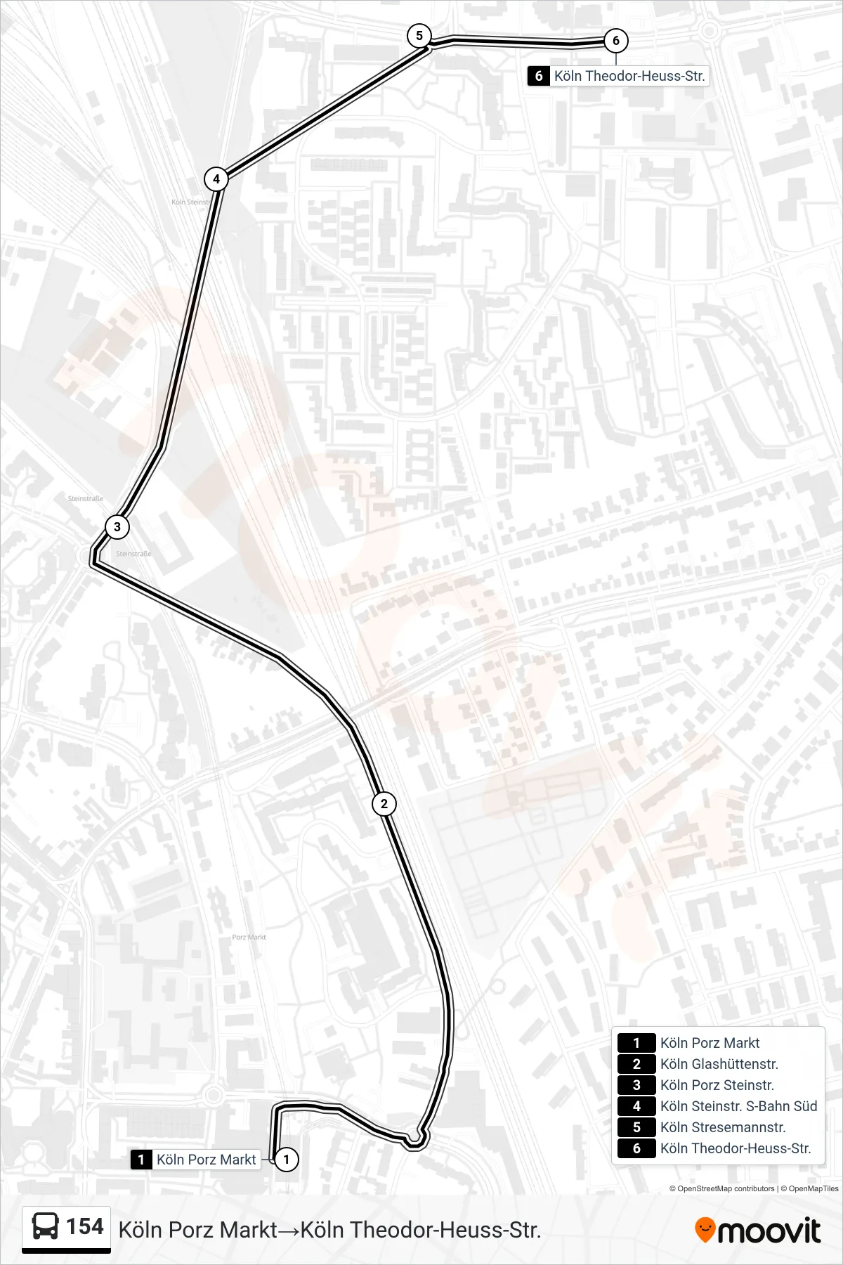 Linie 154 (Bus) Richtung Köln Porz Markt→Köln Theodor-Heuss-Str.: Route und Haltestellen auf der Karte