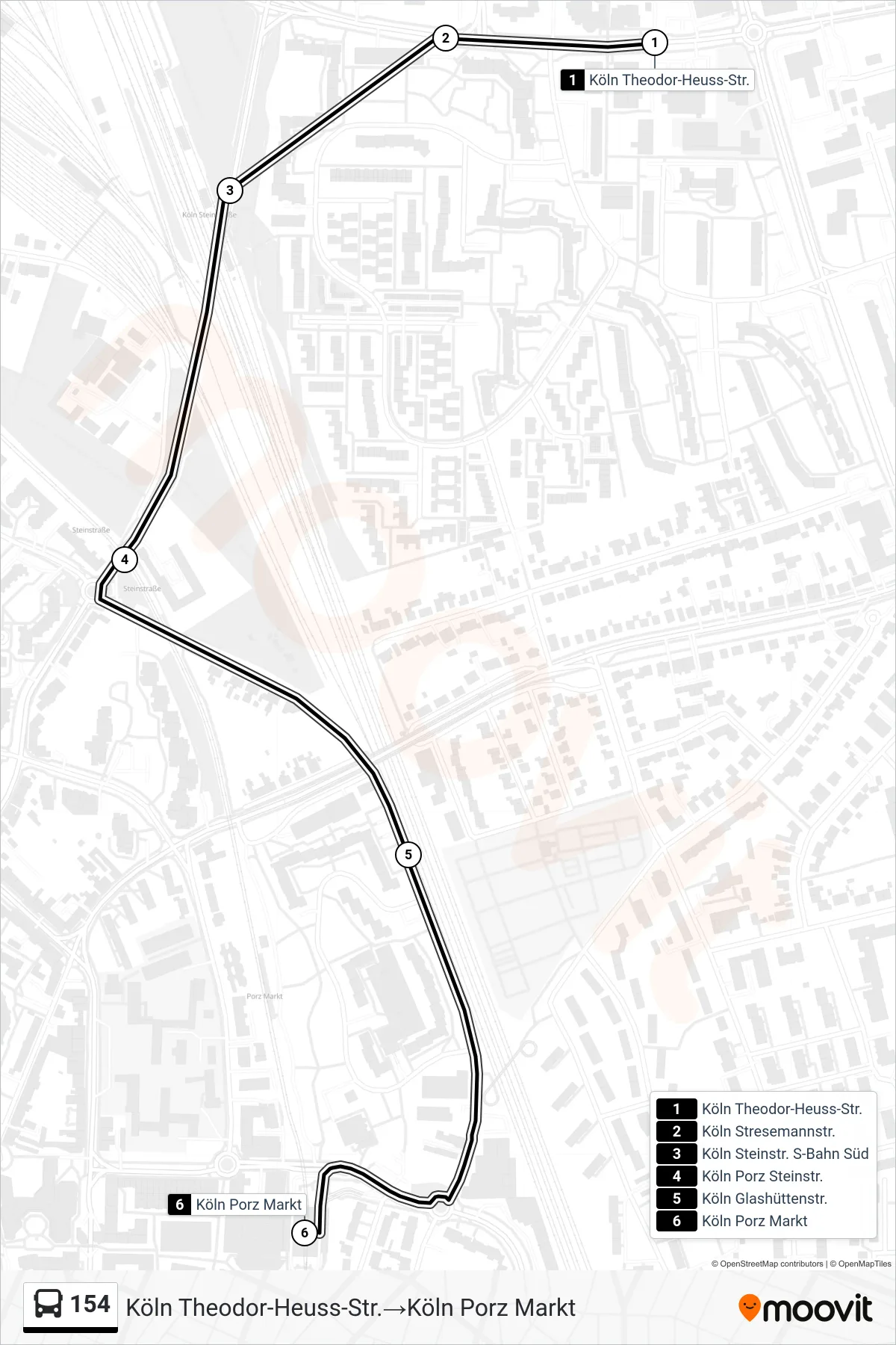 Linie 154 (Bus) Richtung Köln Theodor-Heuss-Str.‎→Köln Porz Markt: Route und Haltestellen auf der Karte