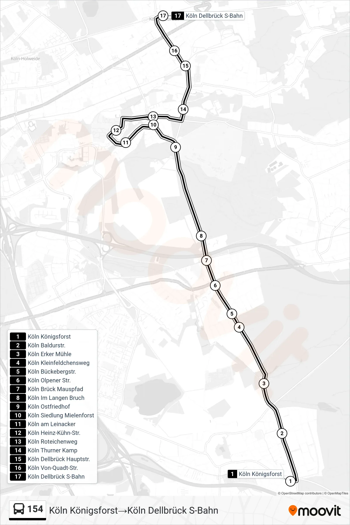 Linie 154 (Bus) Richtung Köln Königsforst‎→Köln Dellbrück S-Bahn: Route und Haltestellen auf der Karte