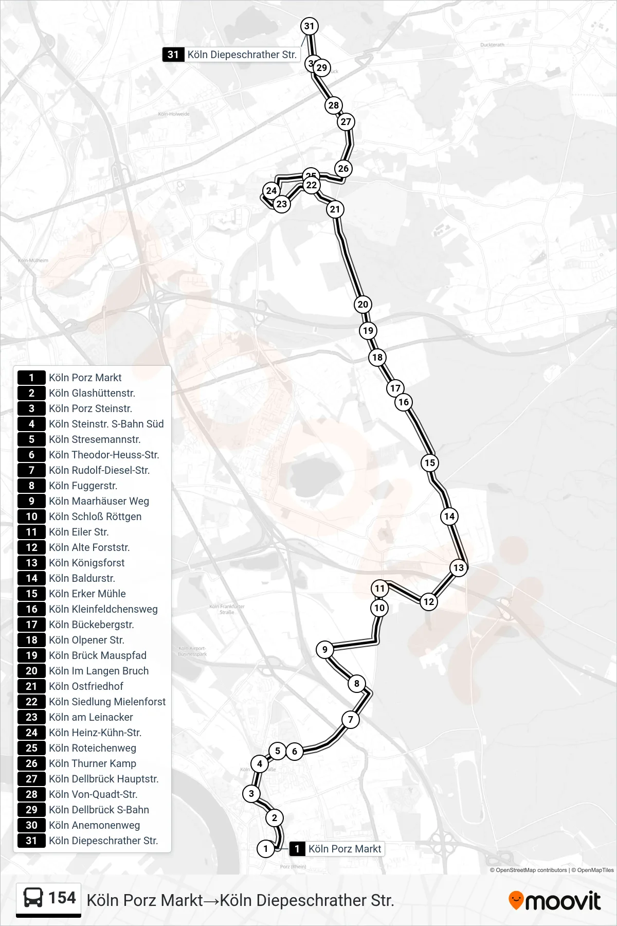 Linie 154 (Bus) Richtung Köln Porz Markt‎→Köln Diepeschrather Str.: Route und Haltestellen auf der Karte