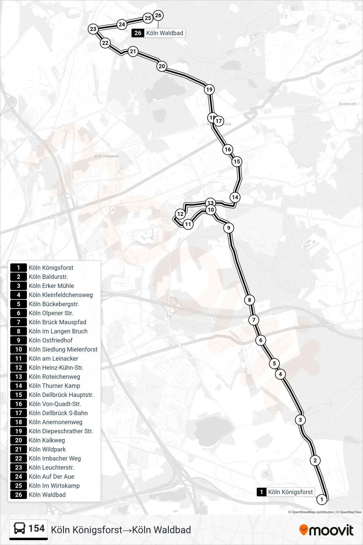 Linie 154 (Bus) Richtung Köln Königsforst→Köln Waldbad: Route und Haltestellen auf der Karte