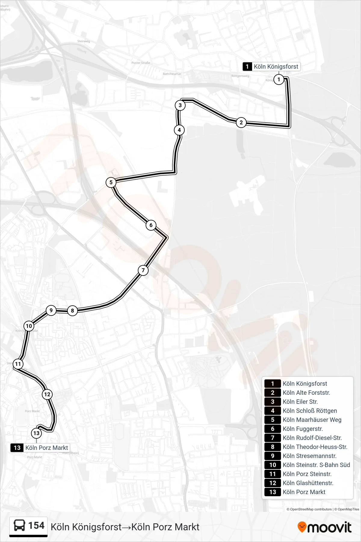 Linie 154 (Bus) Richtung Köln Königsforst‎→Köln Porz Markt: Route und Haltestellen auf der Karte