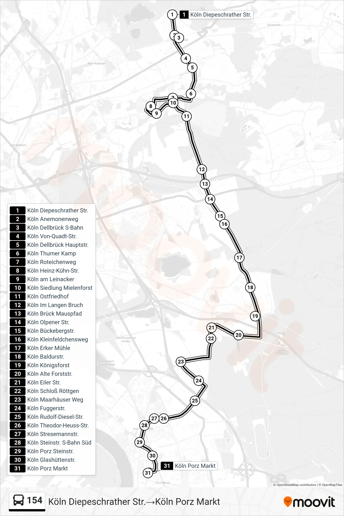 Linie 154 (Bus) Richtung Köln Diepeschrather Str.‎→Köln Porz Markt: Route und Haltestellen auf der Karte