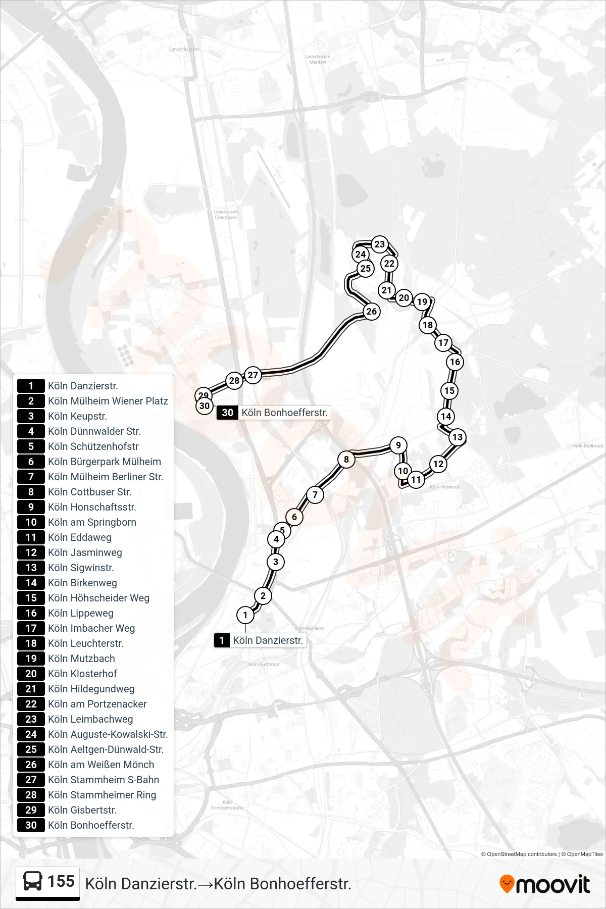 Linie 155 (Bus) Richtung Köln Danzierstr.→Köln Bonhoefferstr.: Route und Haltestellen auf der Karte