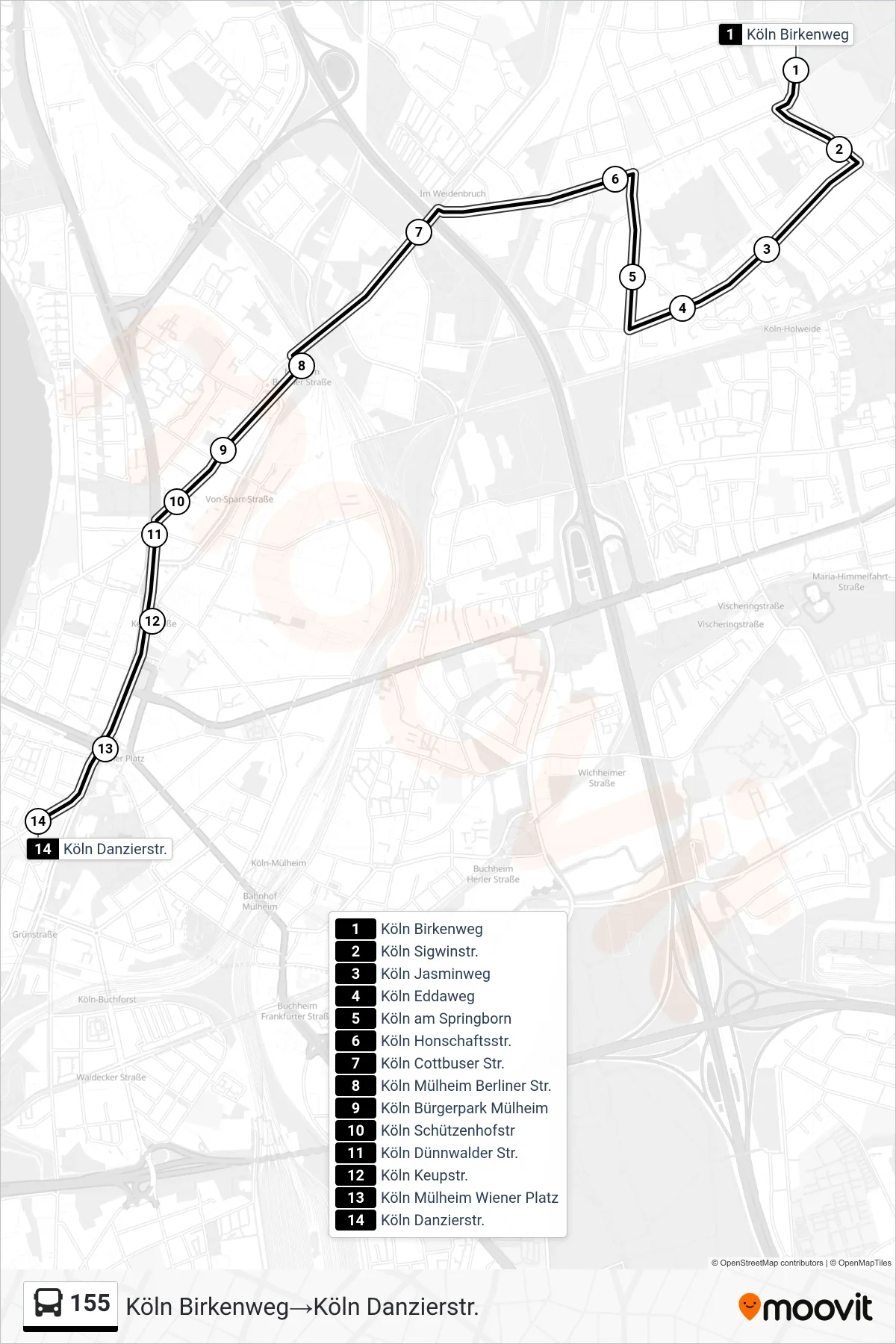 Linie 155 (Bus) Richtung Köln Birkenweg‎→Köln Danzierstr.: Route und Haltestellen auf der Karte