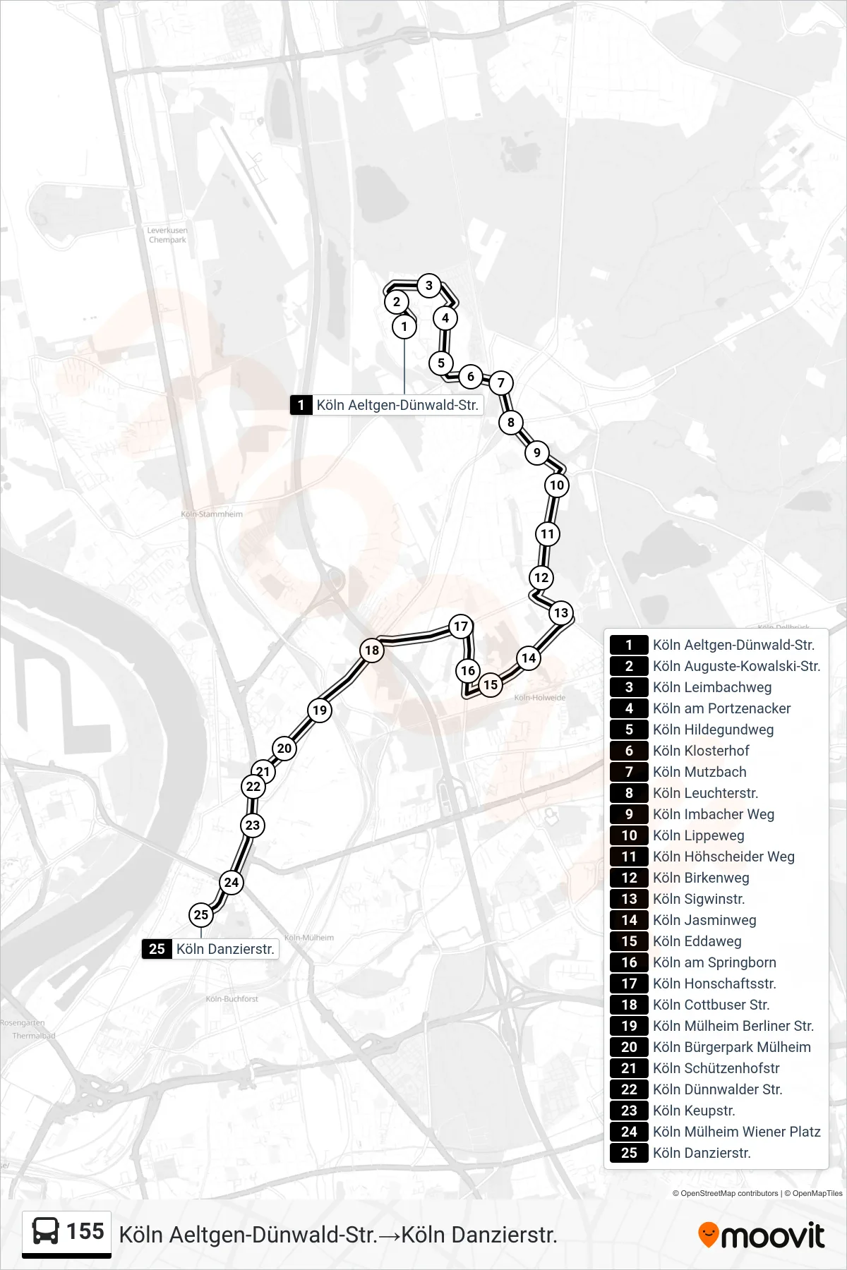 Linie 155 (Bus) Richtung Köln Aeltgen-Dünwald-Str.→Köln Danzierstr.: Route und Haltestellen auf der Karte