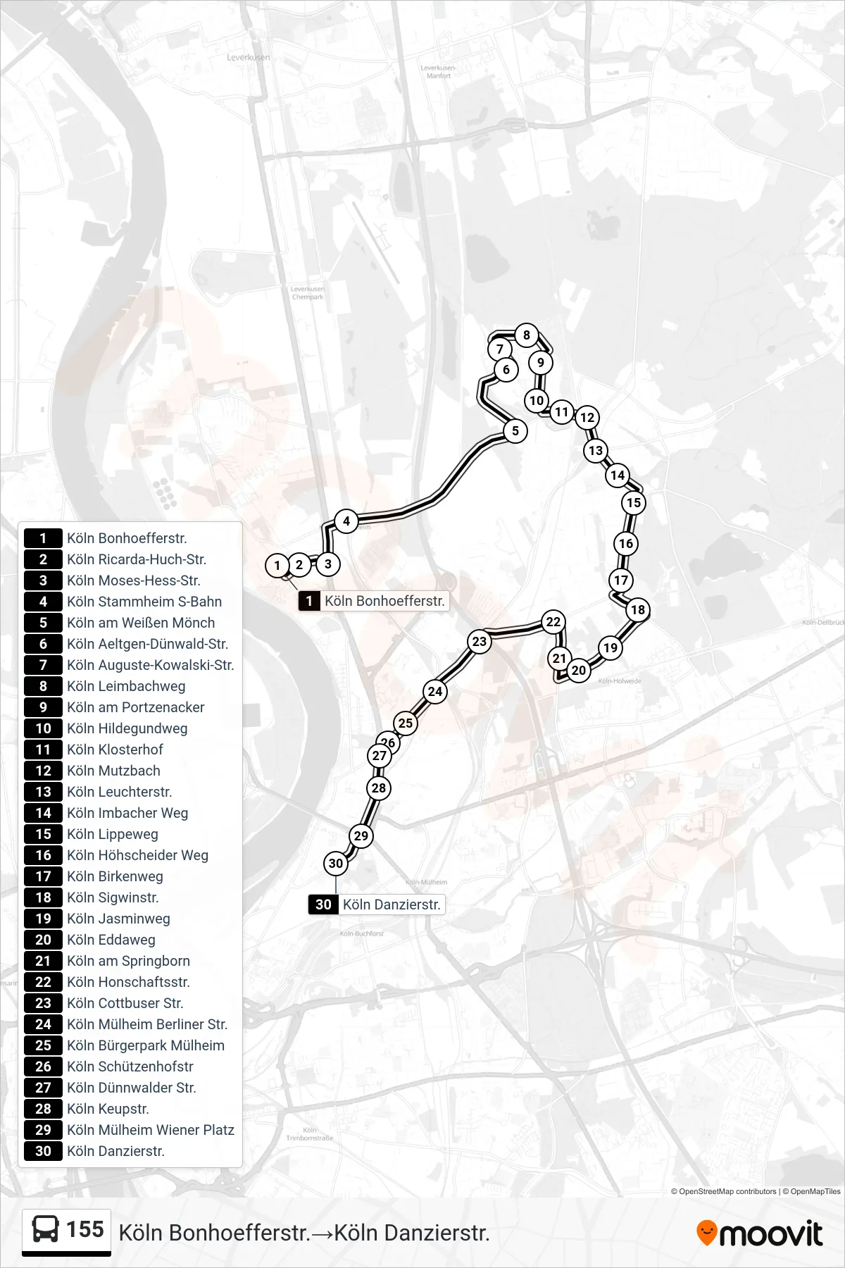 Linie 155 (Bus) Richtung Köln Bonhoefferstr.‎→Köln Danzierstr.: Route und Haltestellen auf der Karte