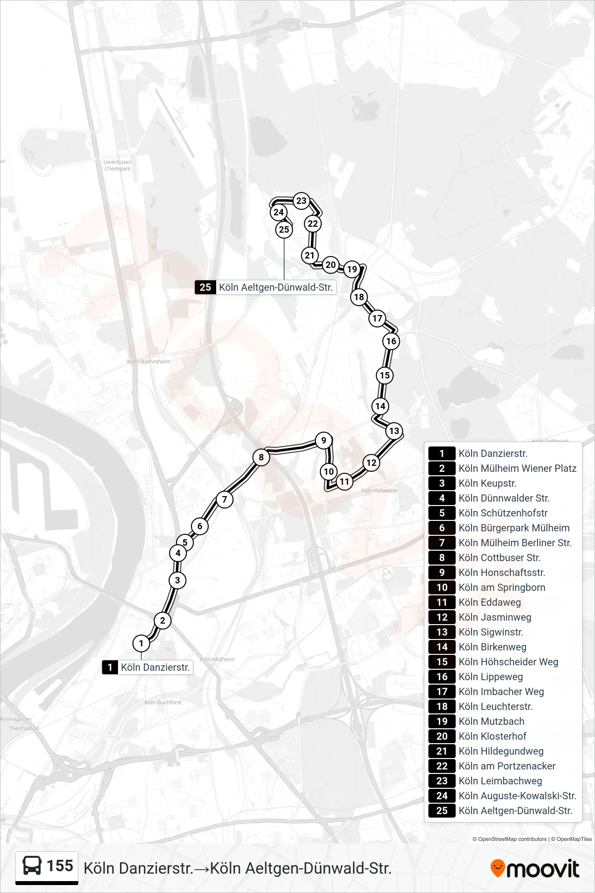 Linie 155 (Bus) Richtung Köln Danzierstr.‎→Köln Aeltgen-Dünwald-Str.: Route und Haltestellen auf der Karte