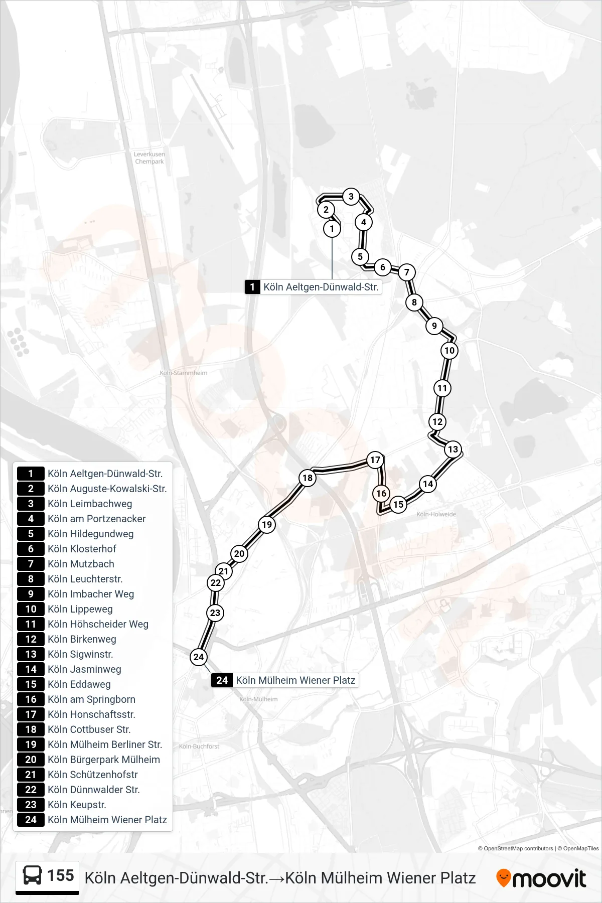 Linie 155 (Bus) Richtung Köln Aeltgen-Dünwald-Str.‎→Köln Mülheim Wiener Platz: Route und Haltestellen auf der Karte