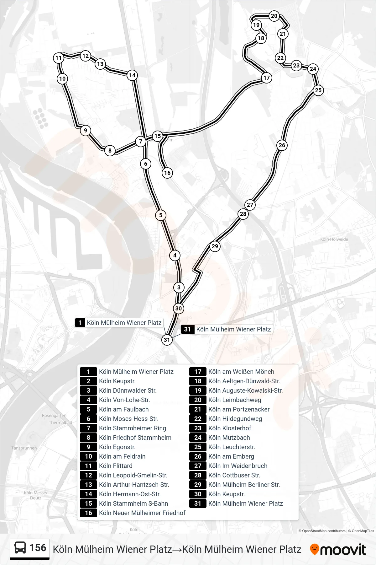 Linie 156 (Bus) Richtung Köln Mülheim Wiener Platz‎→Köln Mülheim Wiener Platz: Route und Haltestellen auf der Karte
