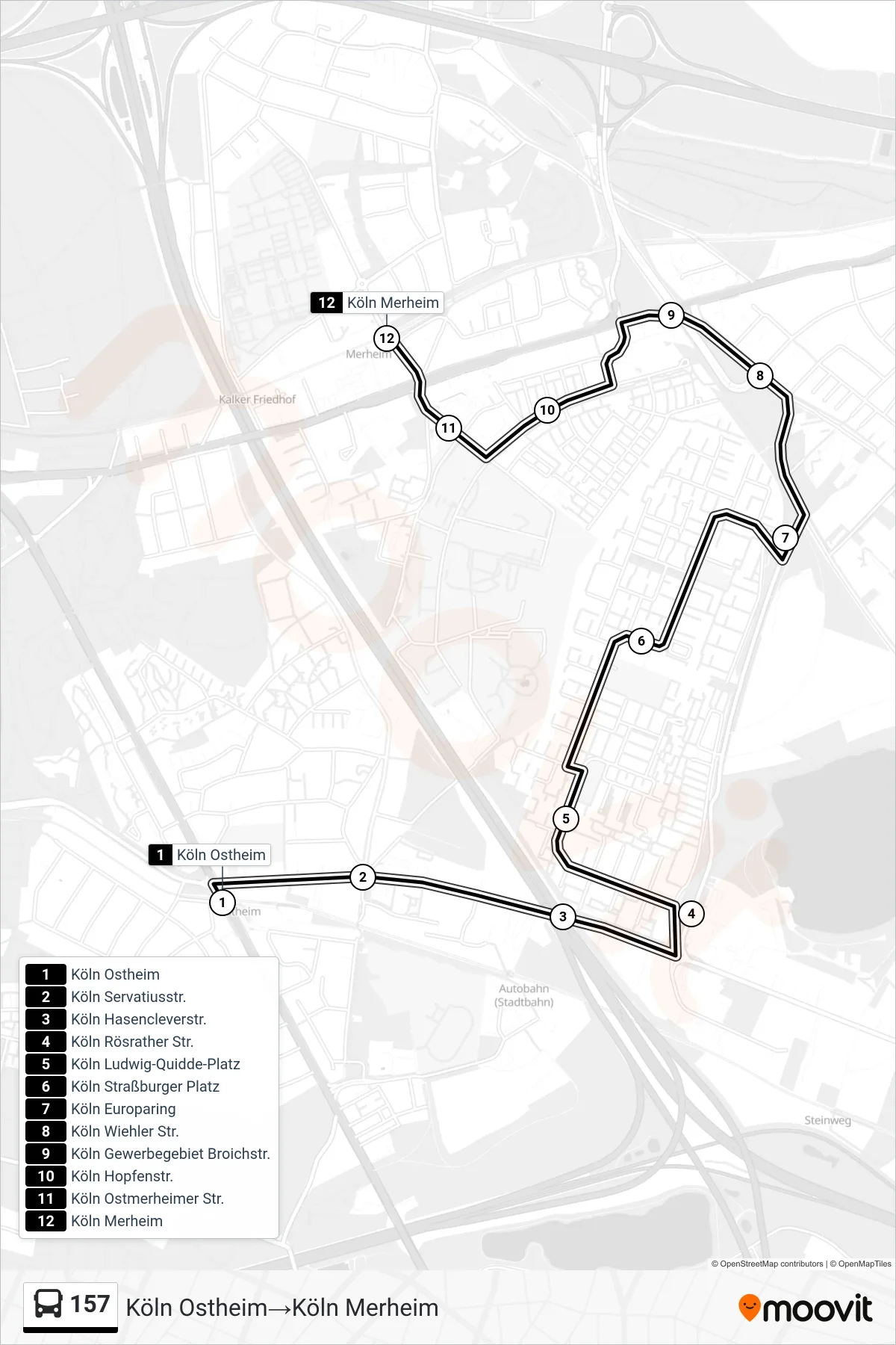 Linie 157 (Bus) Richtung Köln Ostheim→Köln Merheim: Route und Haltestellen auf der Karte