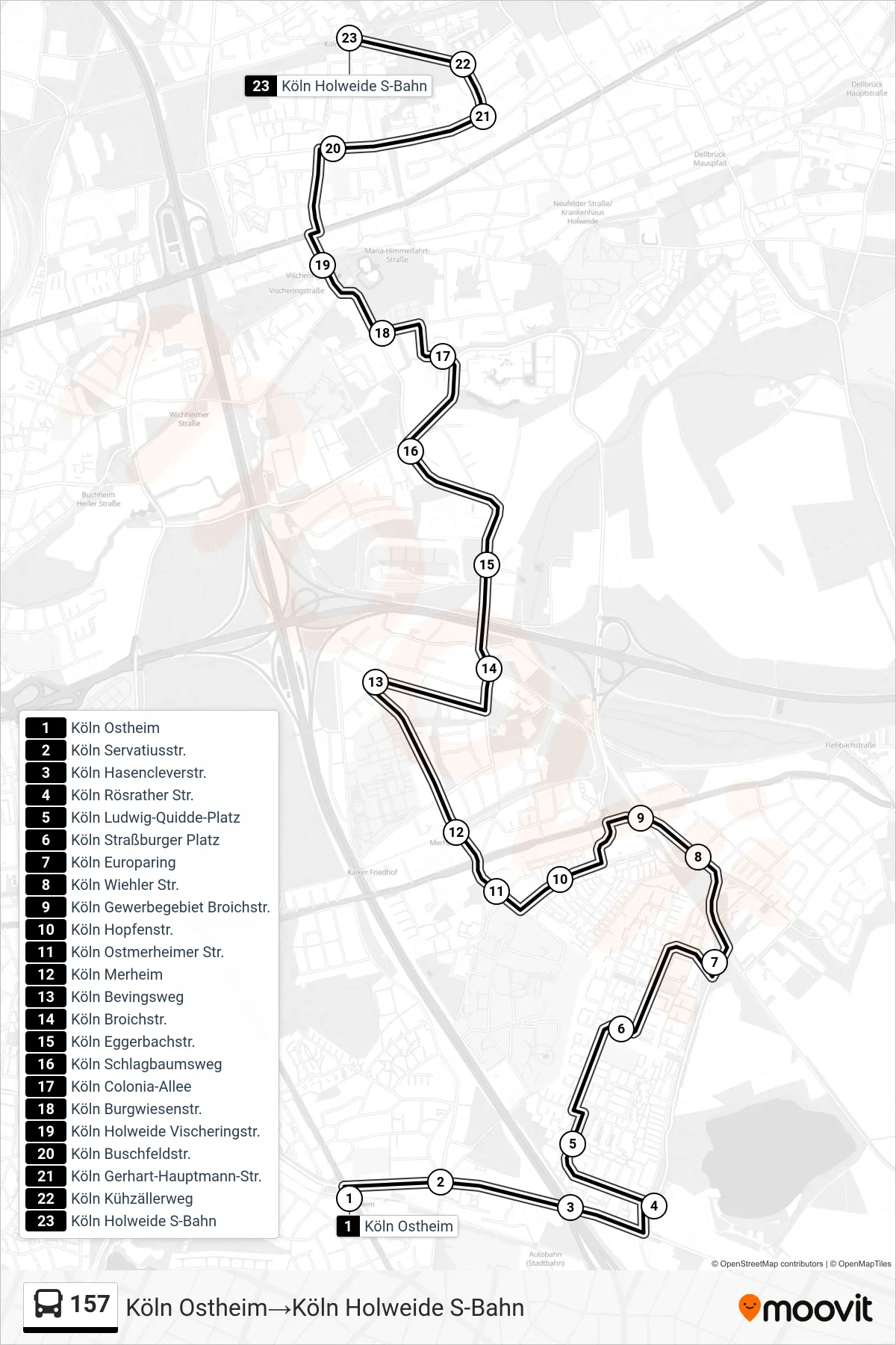 Linie 157 (Bus) Richtung Köln Ostheim‎→Köln Holweide S-Bahn: Route und Haltestellen auf der Karte