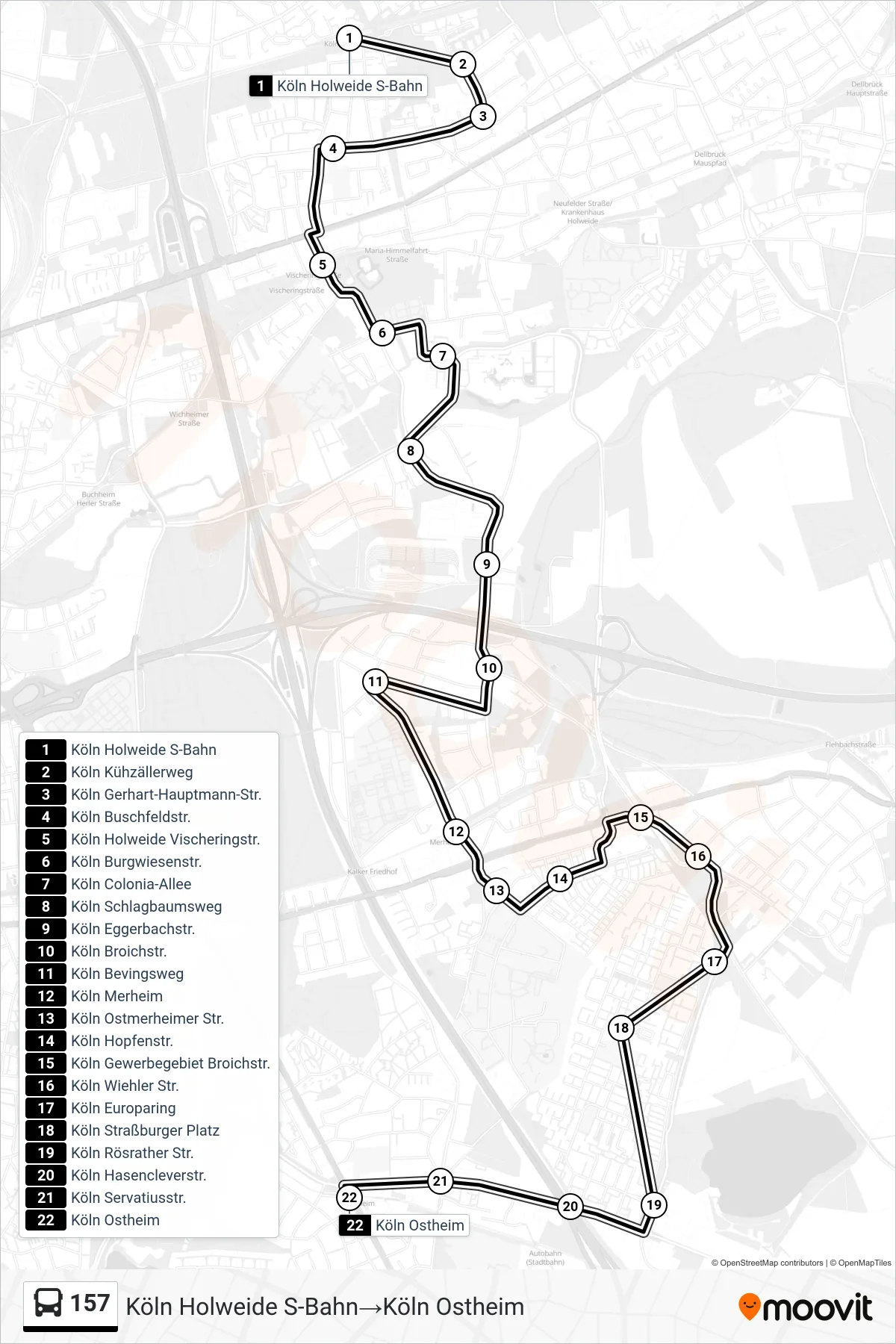 Linie 157 (Bus) Richtung Köln Holweide S-Bahn→Köln Ostheim: Route und Haltestellen auf der Karte