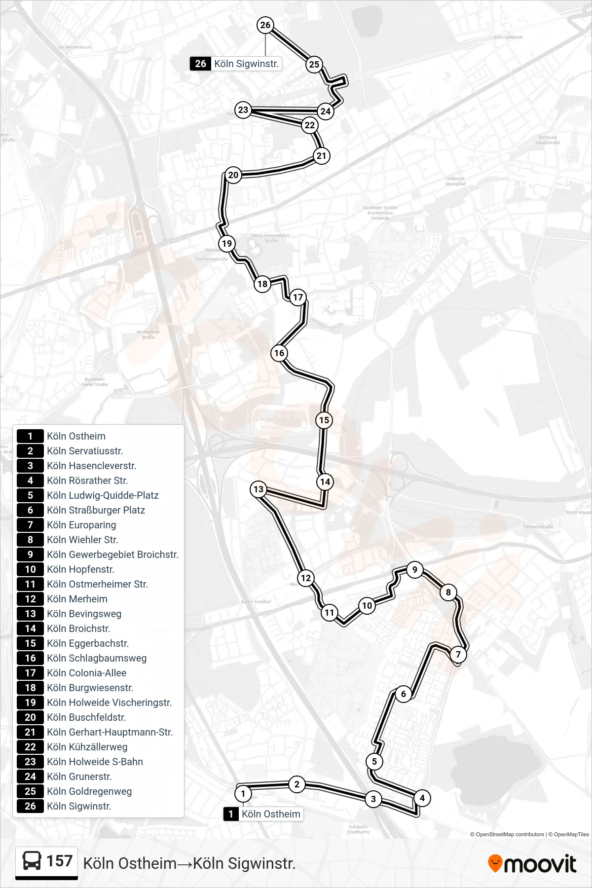 Linie 157 (Bus) Richtung Köln Ostheim→Köln Sigwinstr.: Route und Haltestellen auf der Karte