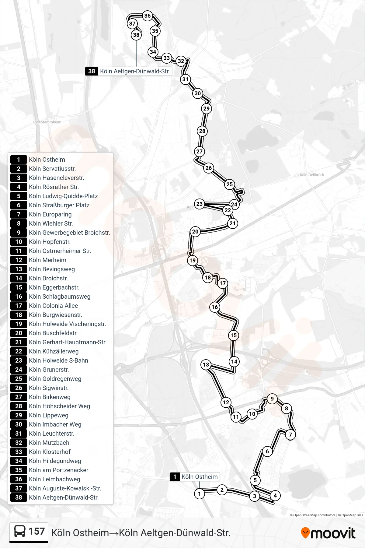 Linie 157 (Bus) Richtung Köln Ostheim→Köln Aeltgen-Dünwald-Str.: Route und Haltestellen auf der Karte