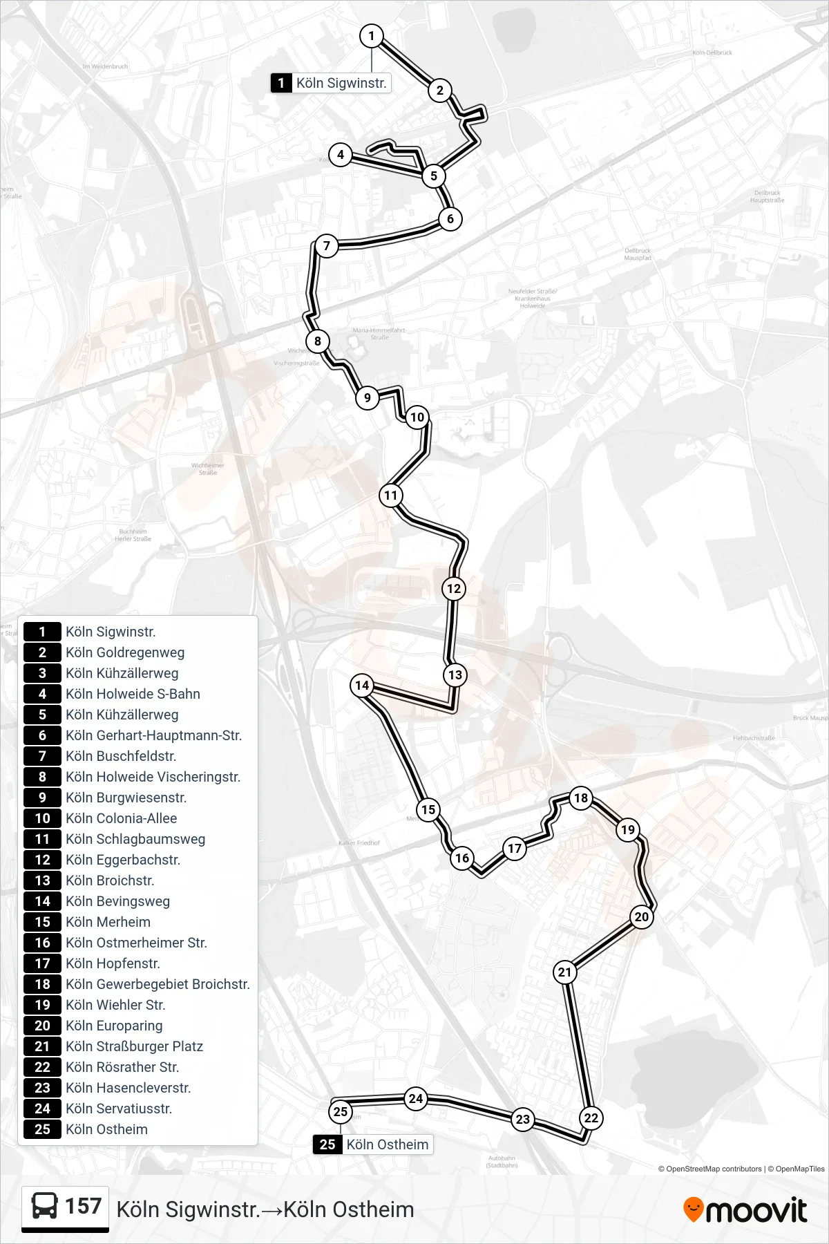 Linie 157 (Bus) Richtung Köln Sigwinstr.→Köln Ostheim: Route und Haltestellen auf der Karte