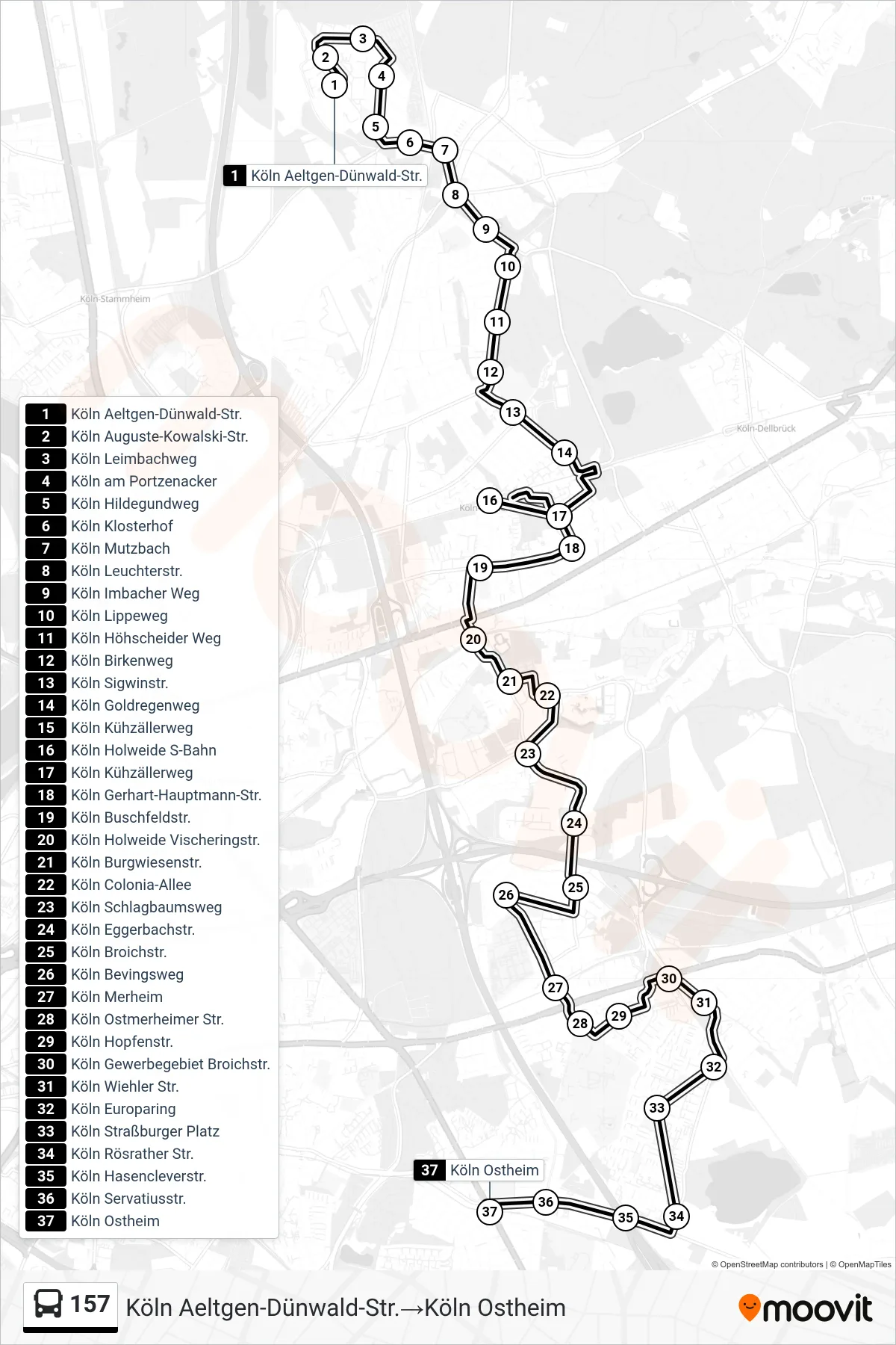 Linie 157 (Bus) Richtung Köln Aeltgen-Dünwald-Str.→Köln Ostheim: Route und Haltestellen auf der Karte