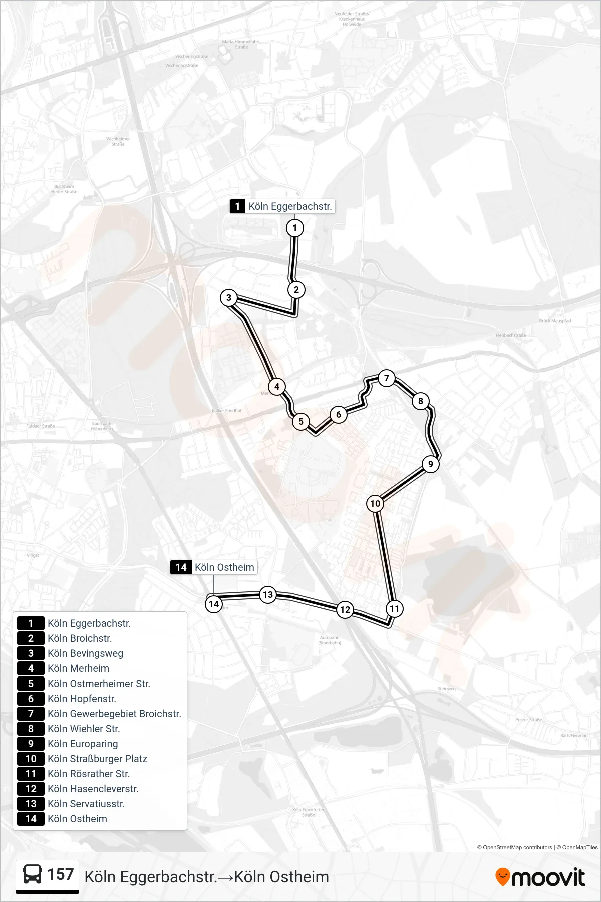 157 bus Line (Köln Eggerbachstr.→Köln Ostheim) route and stops on a map