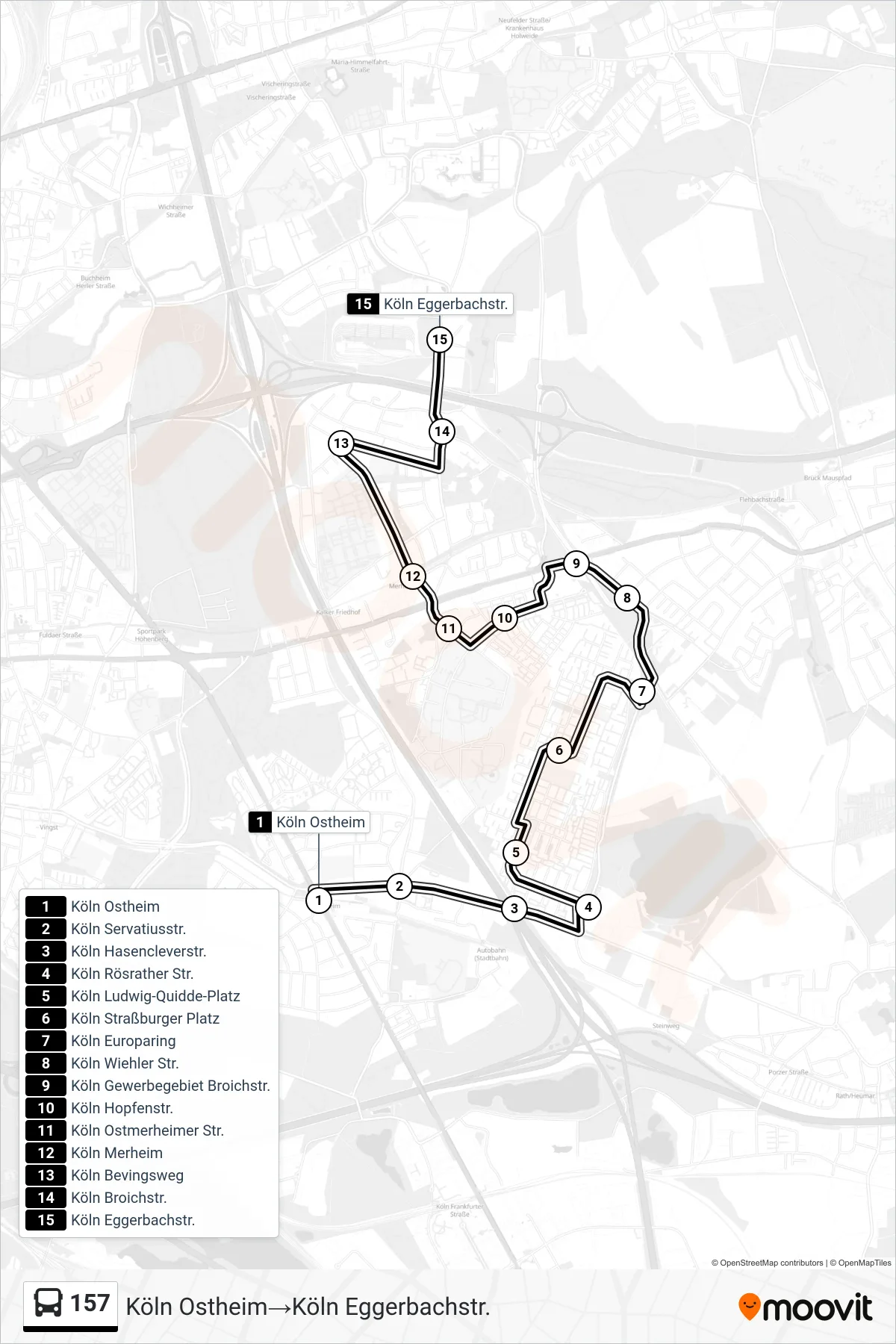 157 bus Line (Köln Ostheim→Köln Eggerbachstr.) route and stops on a map