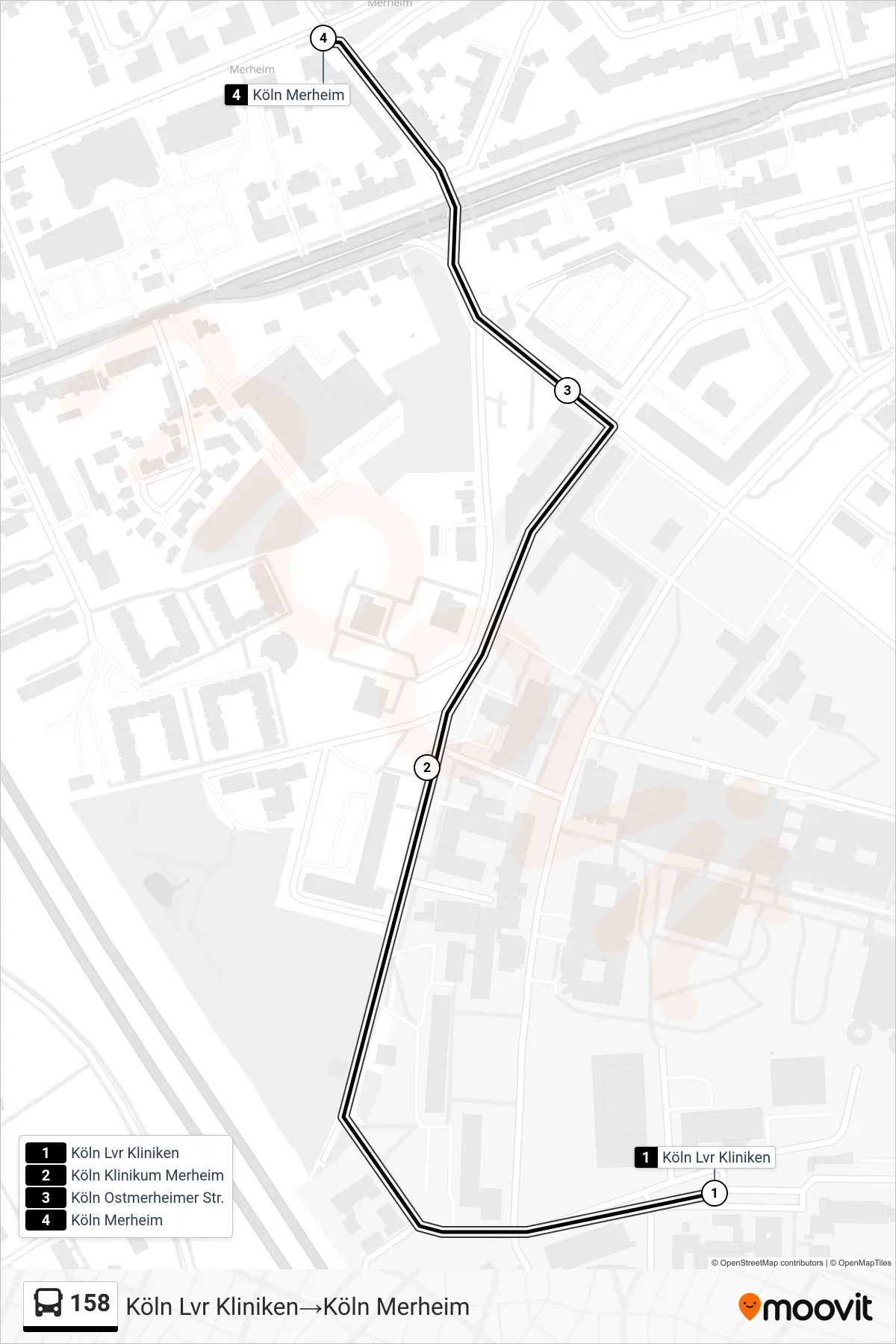 Linie 158 (Bus) Richtung Köln Lvr Kliniken‎→Köln Merheim: Route und Haltestellen auf der Karte