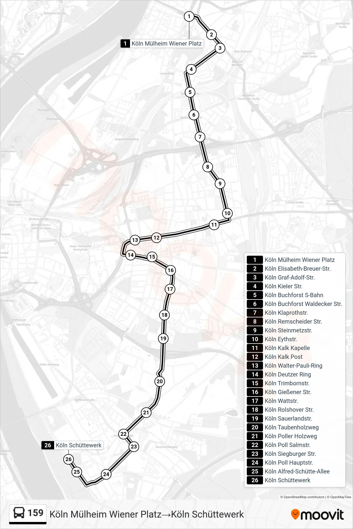 Linie 159 (Bus) Richtung Köln Mülheim Wiener Platz→Köln Schüttewerk: Route und Haltestellen auf der Karte