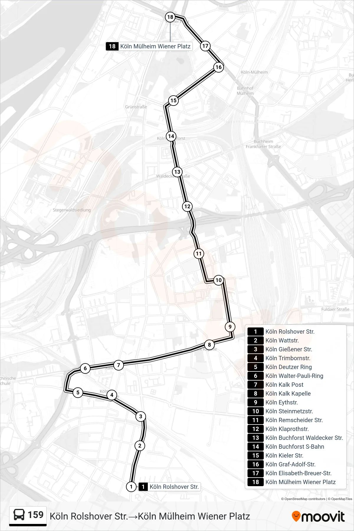 Linie 159 (Bus) Richtung Köln Rolshover Str.→Köln Mülheim Wiener Platz: Route und Haltestellen auf der Karte