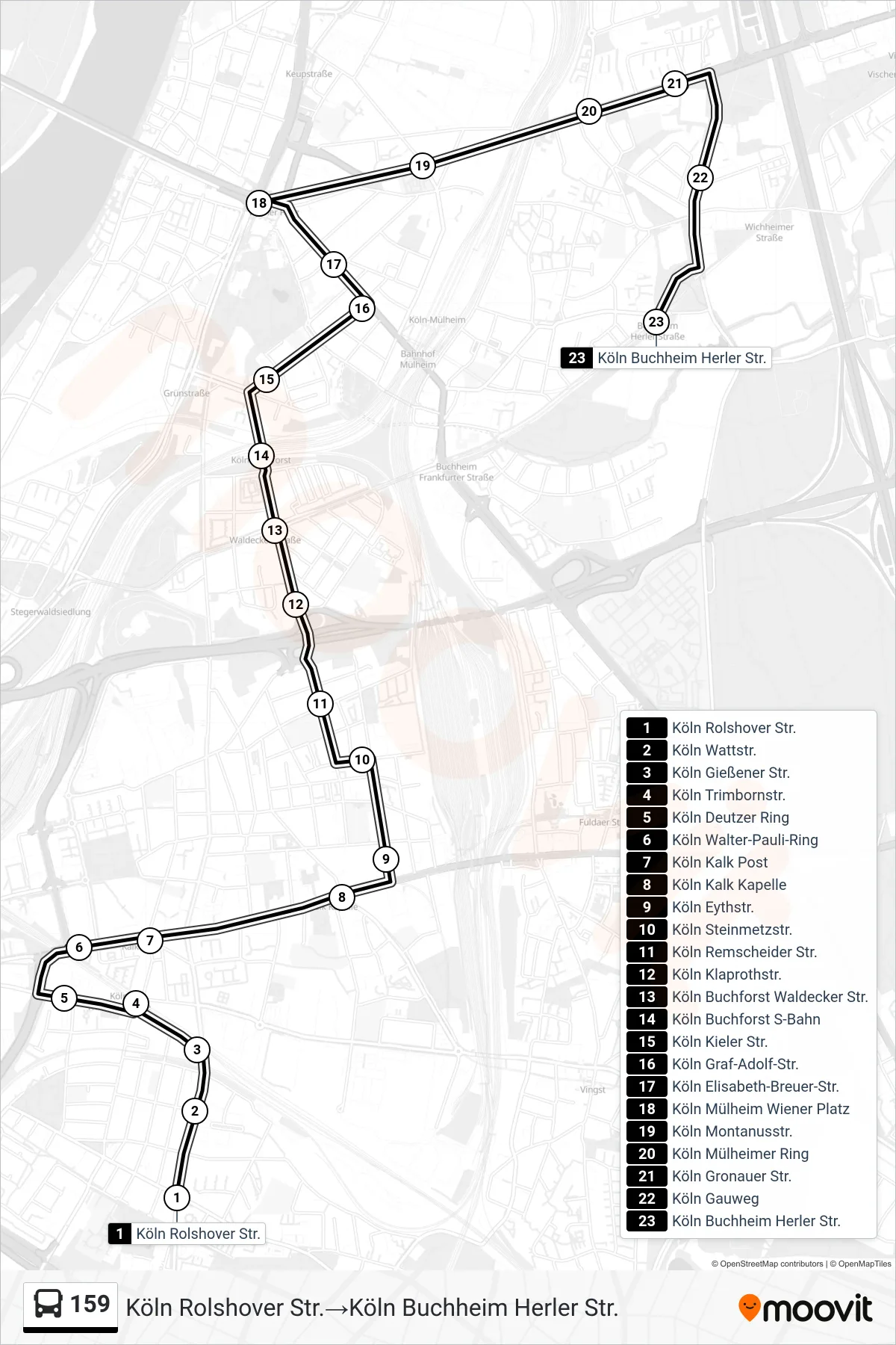 Linie 159 (Bus) Richtung Köln Rolshover Str.→Köln Buchheim Herler Str.: Route und Haltestellen auf der Karte