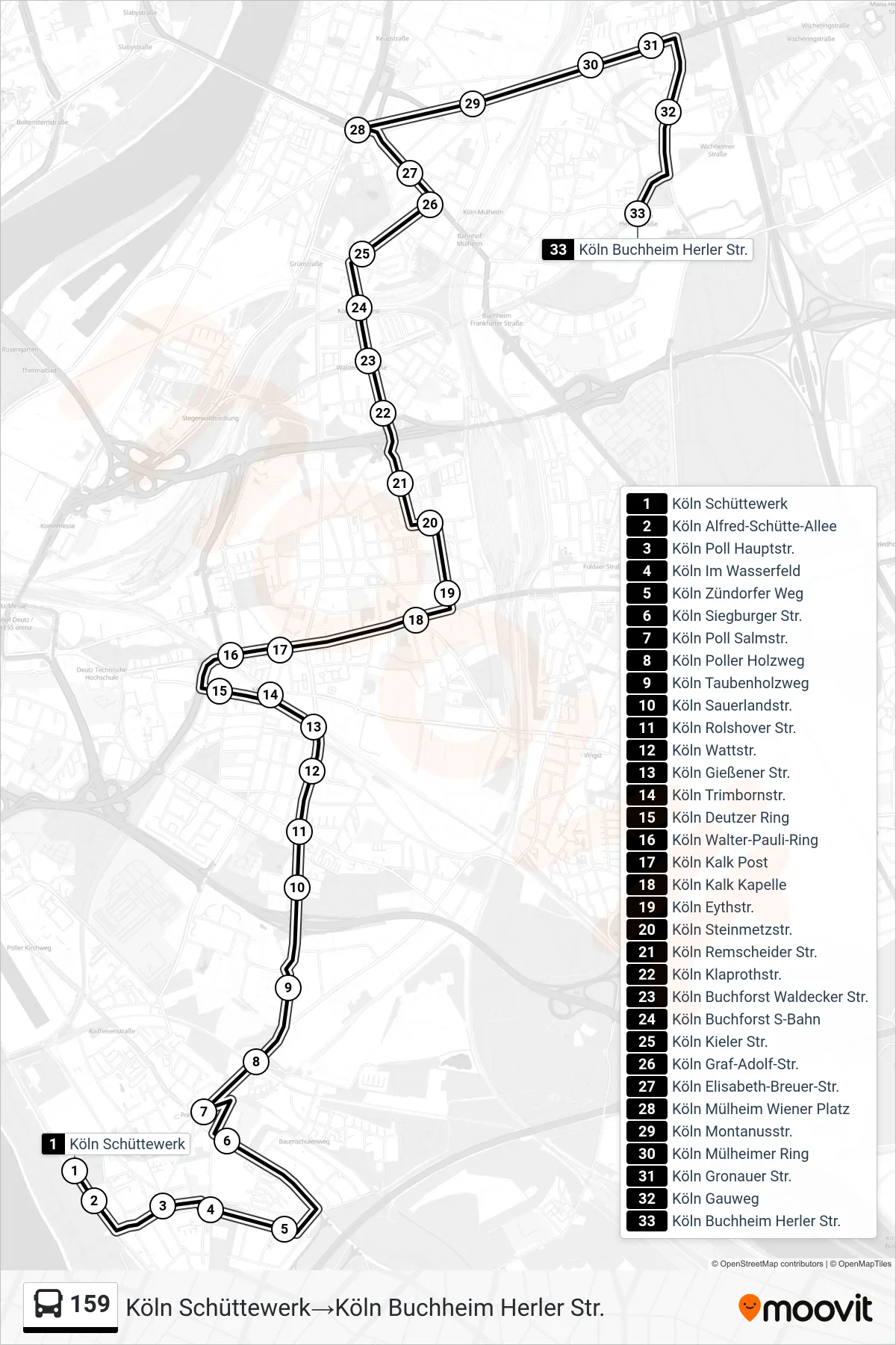 Linie 159 (Bus) Richtung Köln Schüttewerk→Köln Buchheim Herler Str.: Route und Haltestellen auf der Karte