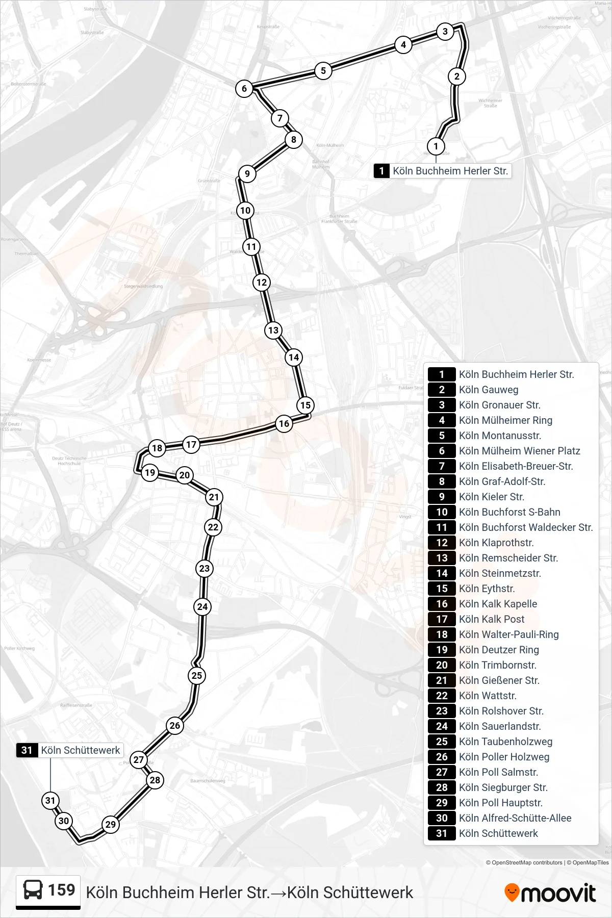 Linie 159 (Bus) Richtung Köln Buchheim Herler Str.→Köln Schüttewerk: Route und Haltestellen auf der Karte