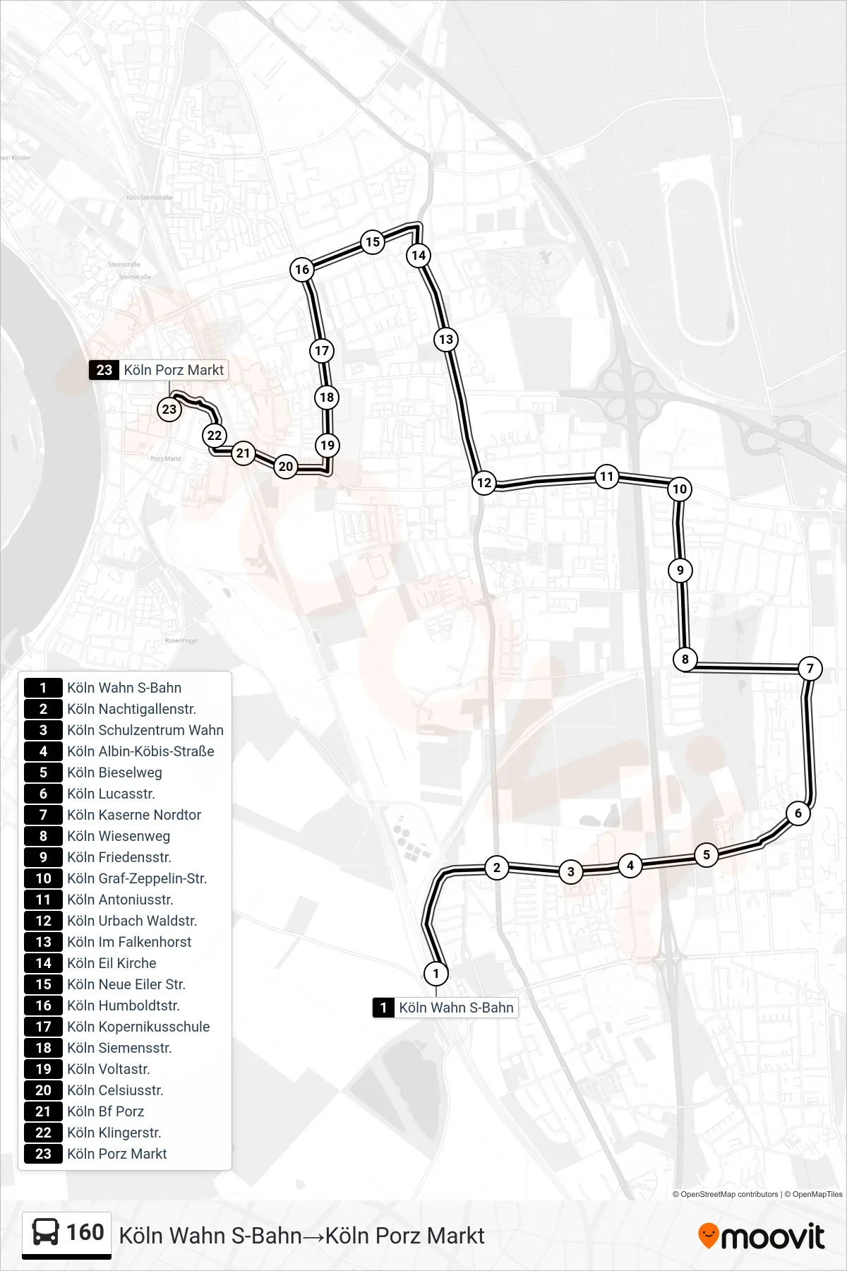 Linie 160 (Bus) Richtung Köln Wahn S-Bahn→Köln Porz Markt: Route und Haltestellen auf der Karte