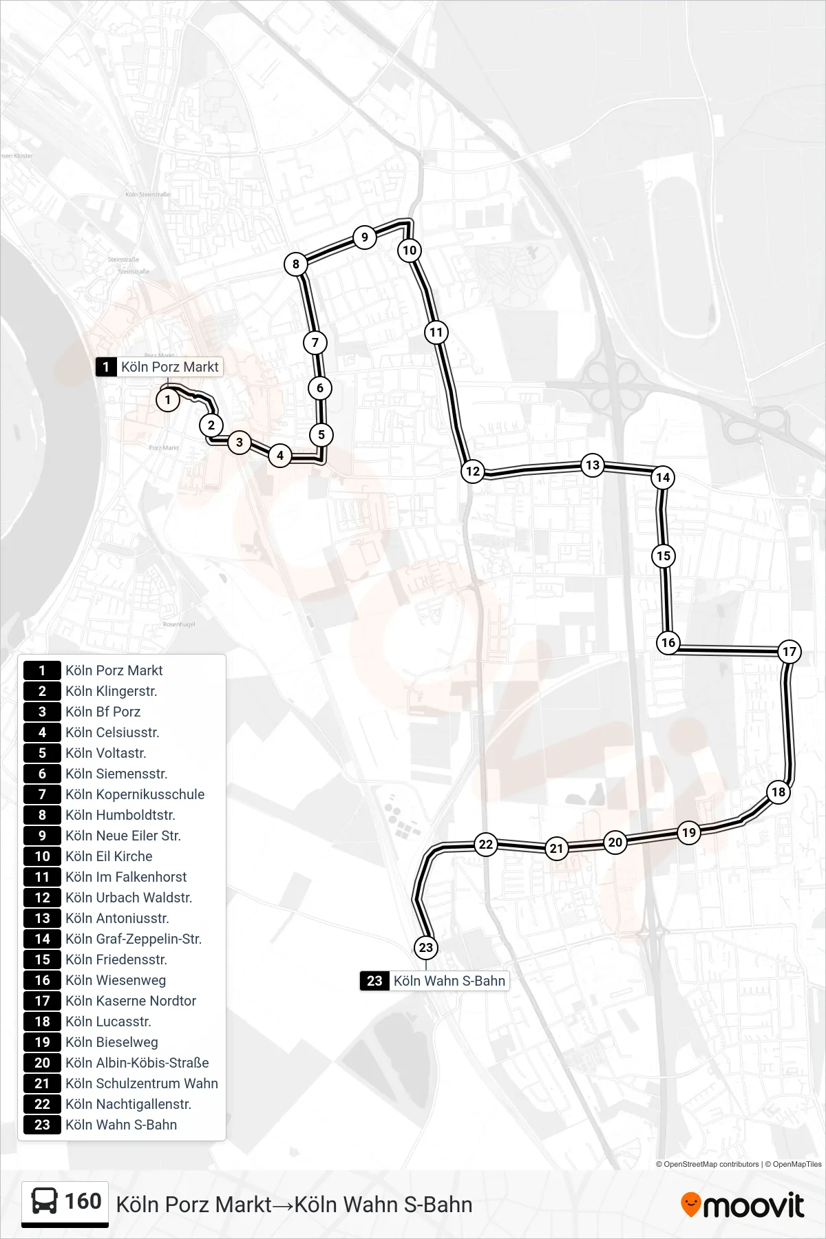 Linie 160 (Bus) Richtung Köln Porz Markt‎→Köln Wahn S-Bahn: Route und Haltestellen auf der Karte