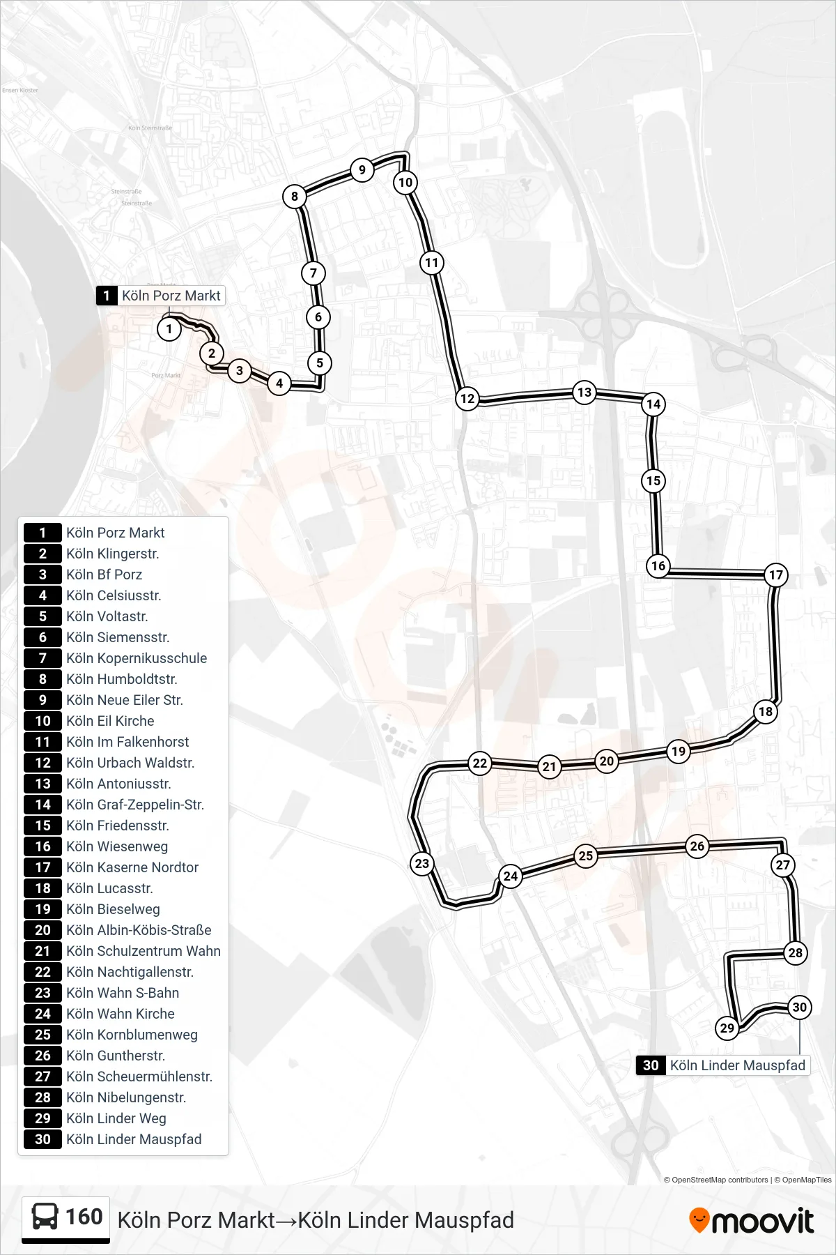 Linie 160 (Bus) Richtung Köln Porz Markt‎→Köln Linder Mauspfad: Route und Haltestellen auf der Karte