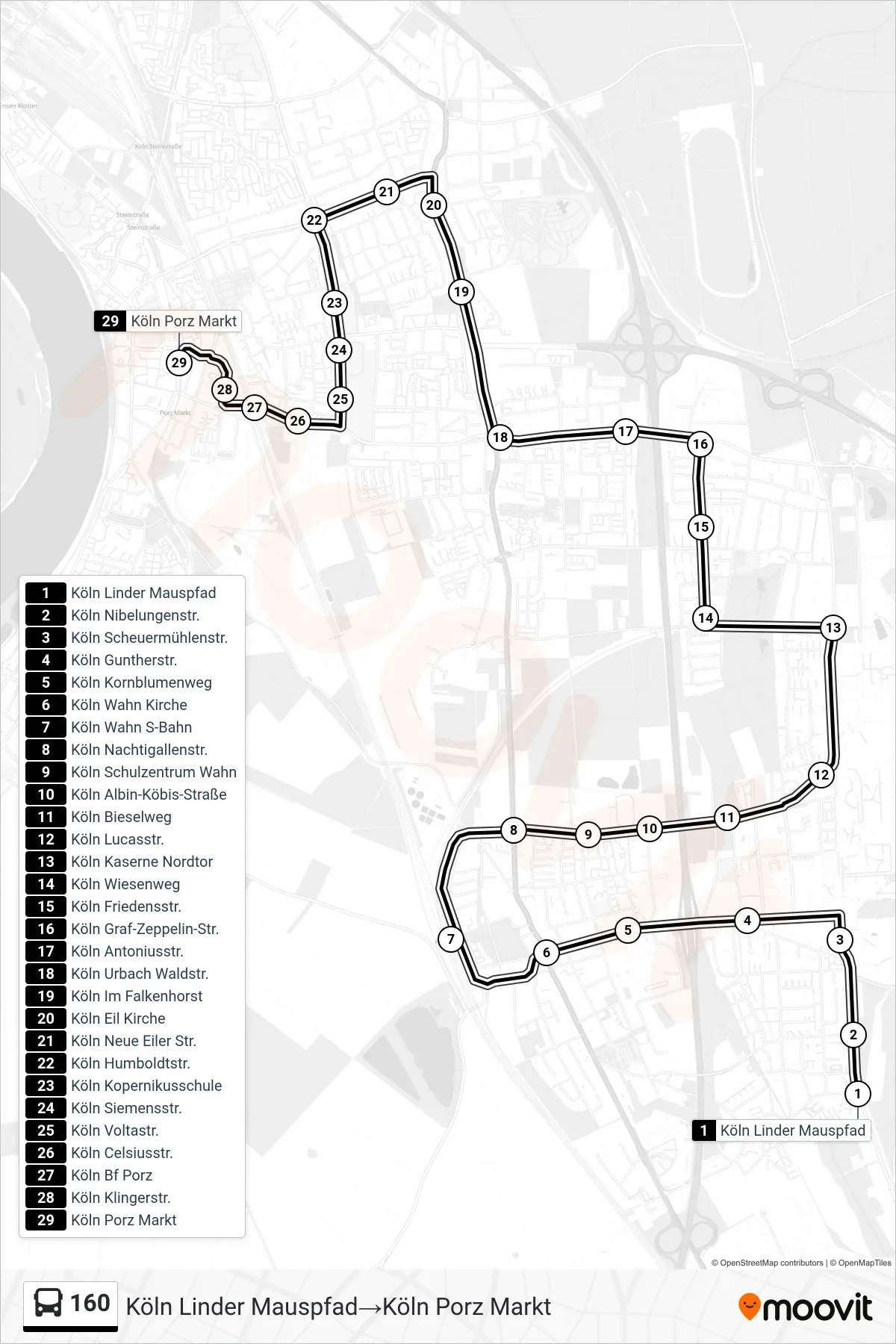 Linie 160 (Bus) Richtung Köln Linder Mauspfad‎→Köln Porz Markt: Route und Haltestellen auf der Karte