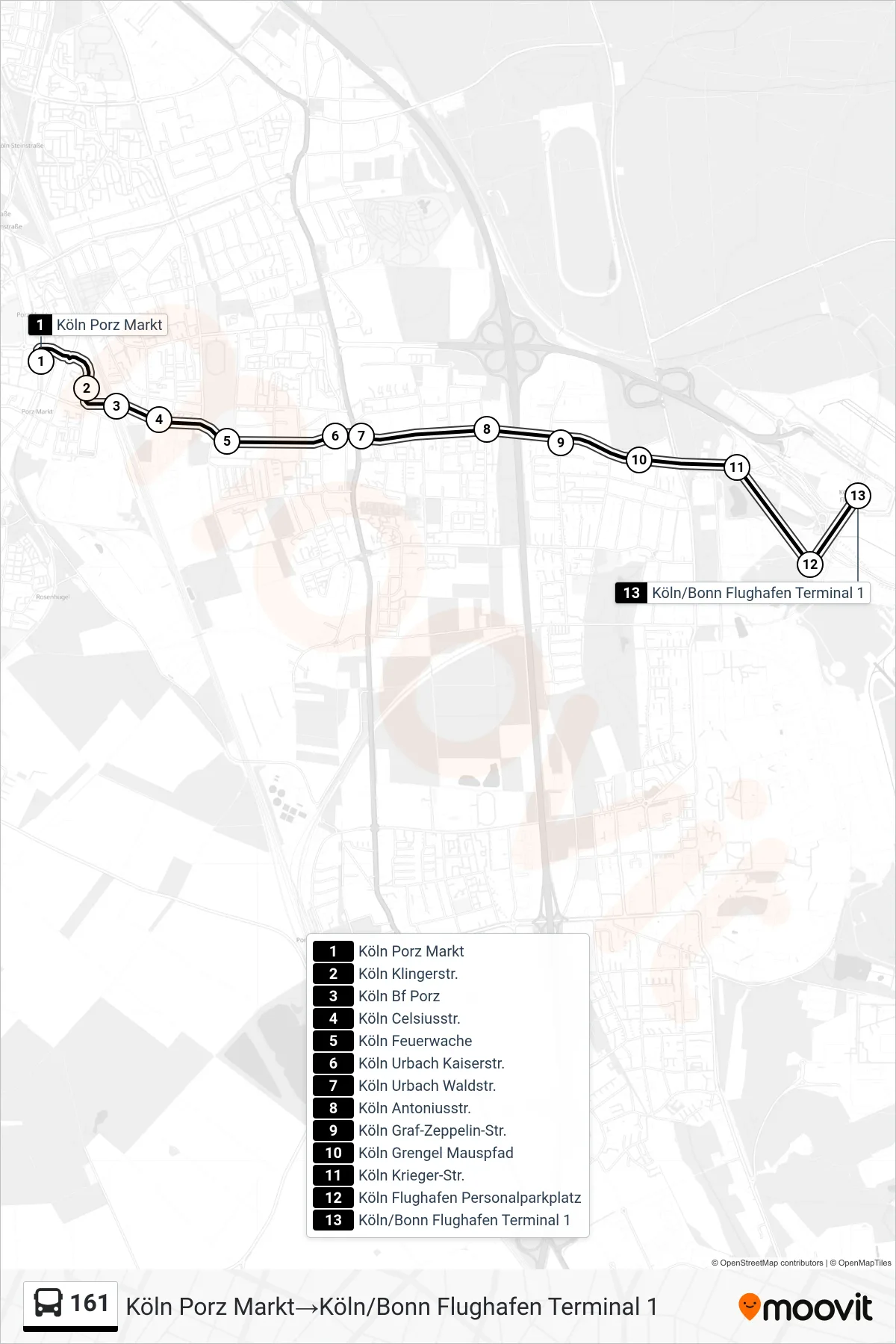 161 bus Line (Köln Porz Markt‎→Köln/Bonn Flughafen Terminal 1) route and stops on a map