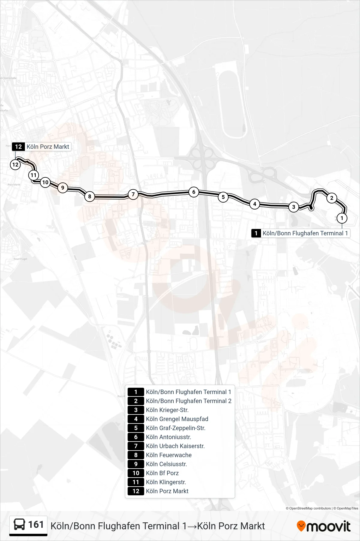 161 bus Line (Köln/Bonn Flughafen Terminal 1→Köln Porz Markt) route and stops on a map