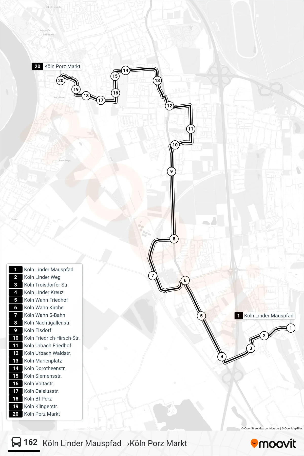Linie 162 (Bus) Richtung Köln Linder Mauspfad‎→Köln Porz Markt: Route und Haltestellen auf der Karte