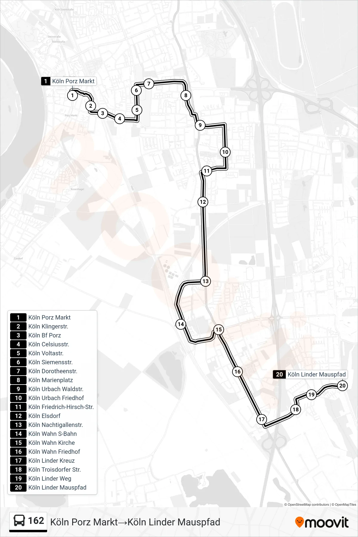 Linie 162 (Bus) Richtung Köln Porz Markt→Köln Linder Mauspfad: Route und Haltestellen auf der Karte