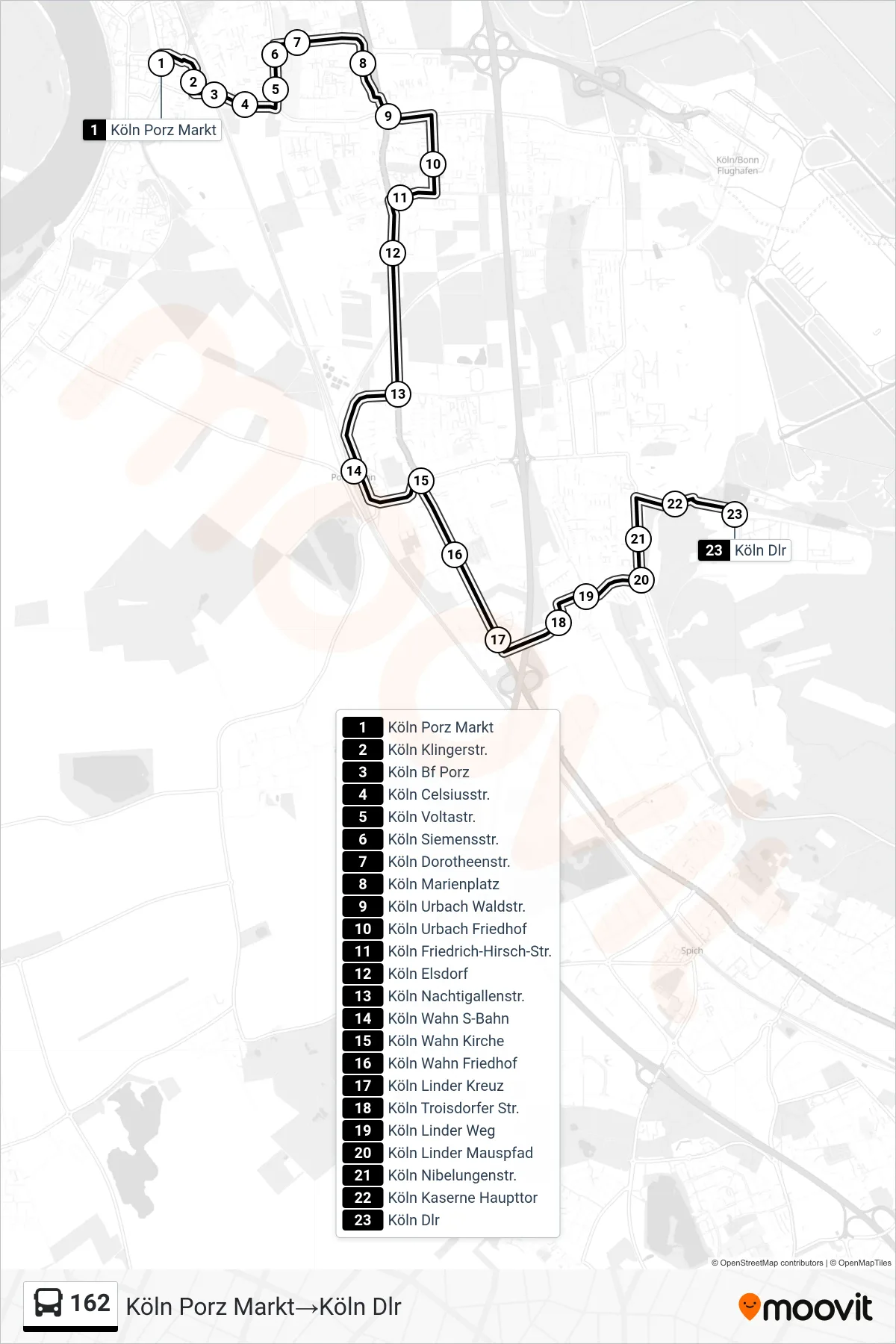 Linie 162 (Bus) Richtung Köln Porz Markt→Köln Dlr: Route und Haltestellen auf der Karte