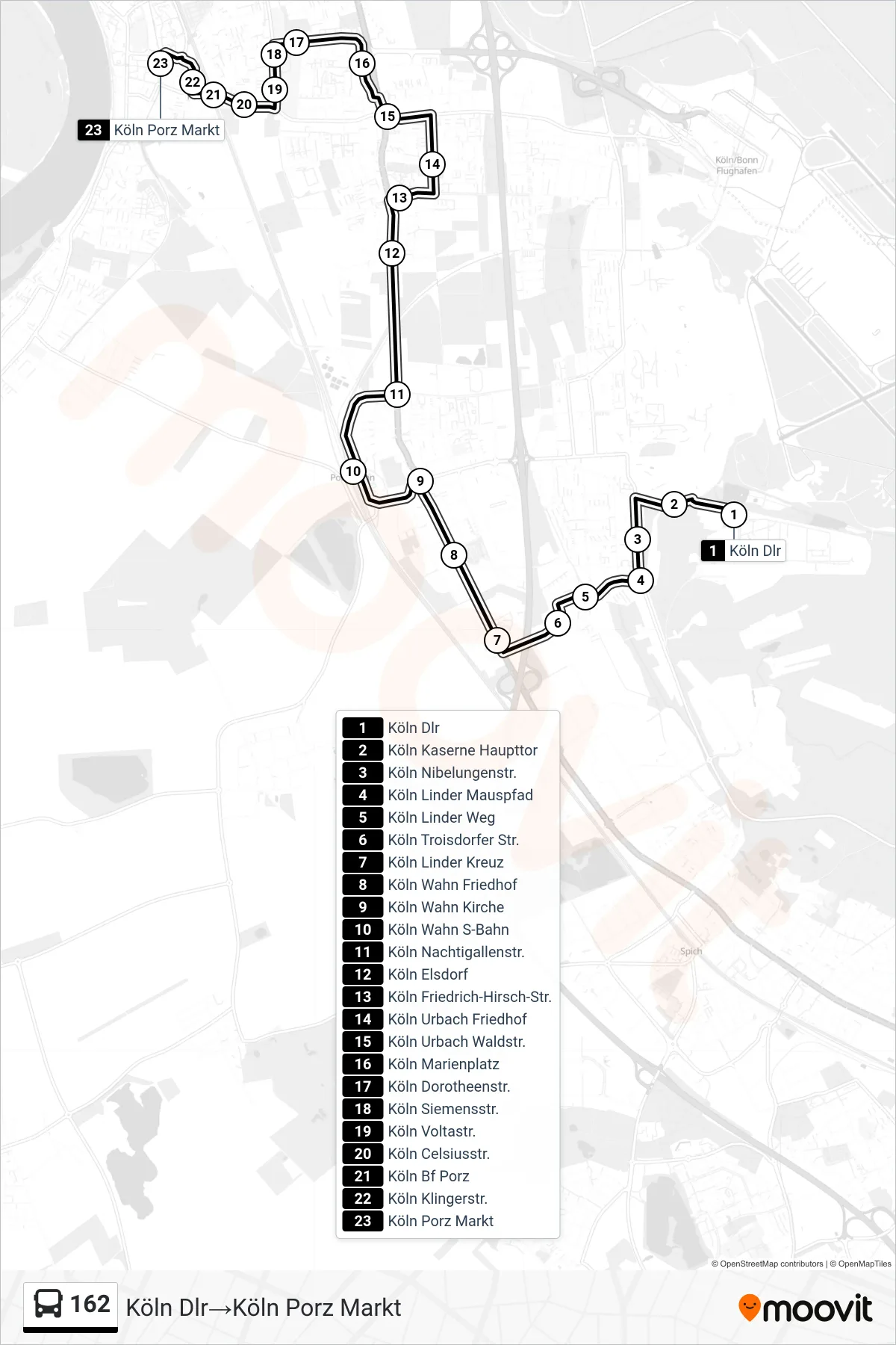 Linie 162 (Bus) Richtung Köln Dlr‎→Köln Porz Markt: Route und Haltestellen auf der Karte