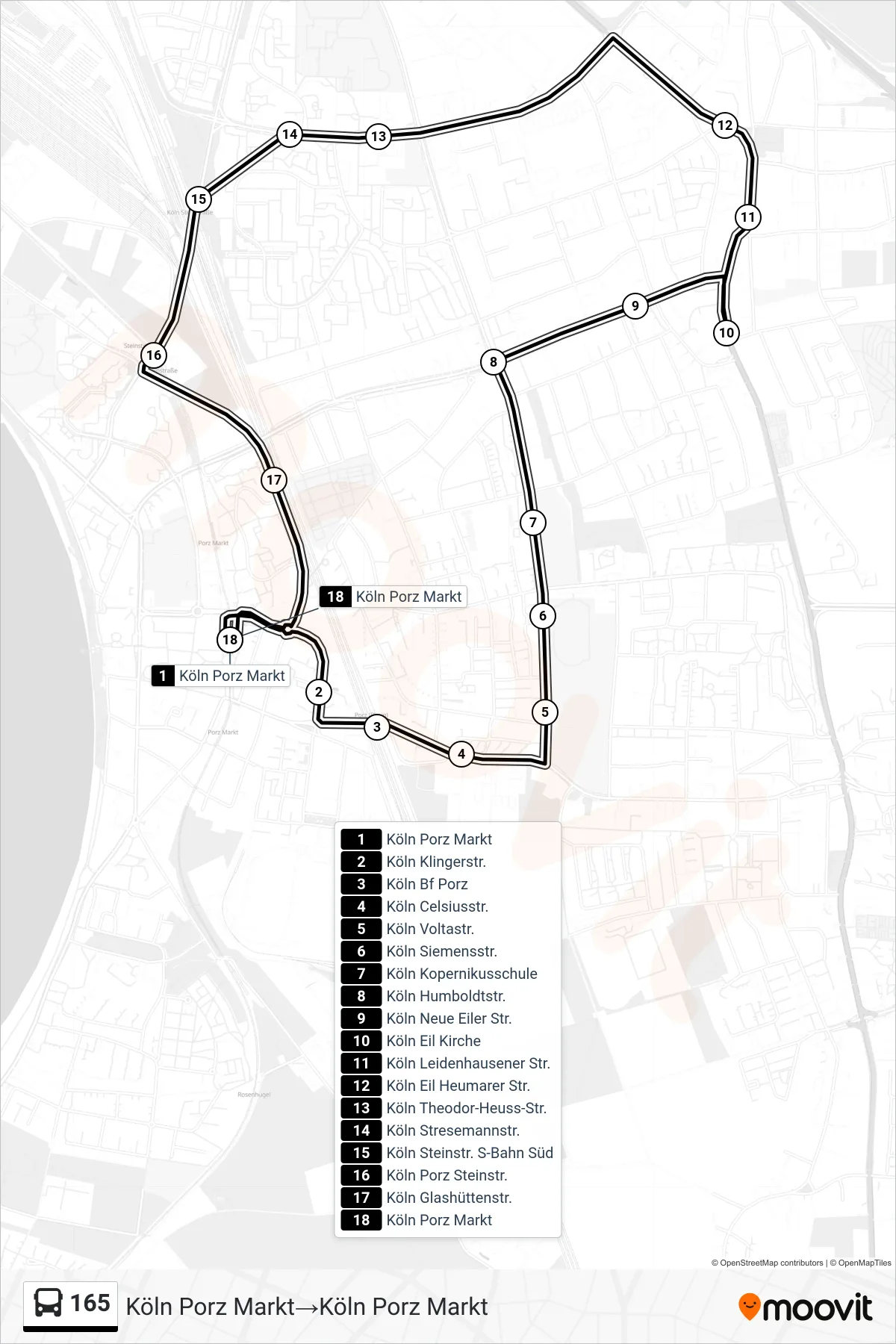 Linie 165 (Bus) Richtung Köln Porz Markt→Köln Porz Markt: Route und Haltestellen auf der Karte