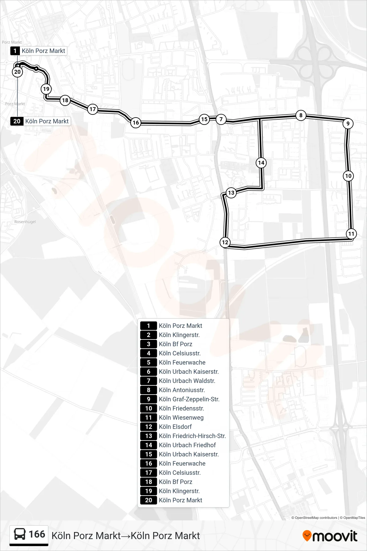 166 bus Line (Köln Porz Markt→Köln Porz Markt) route and stops on a map