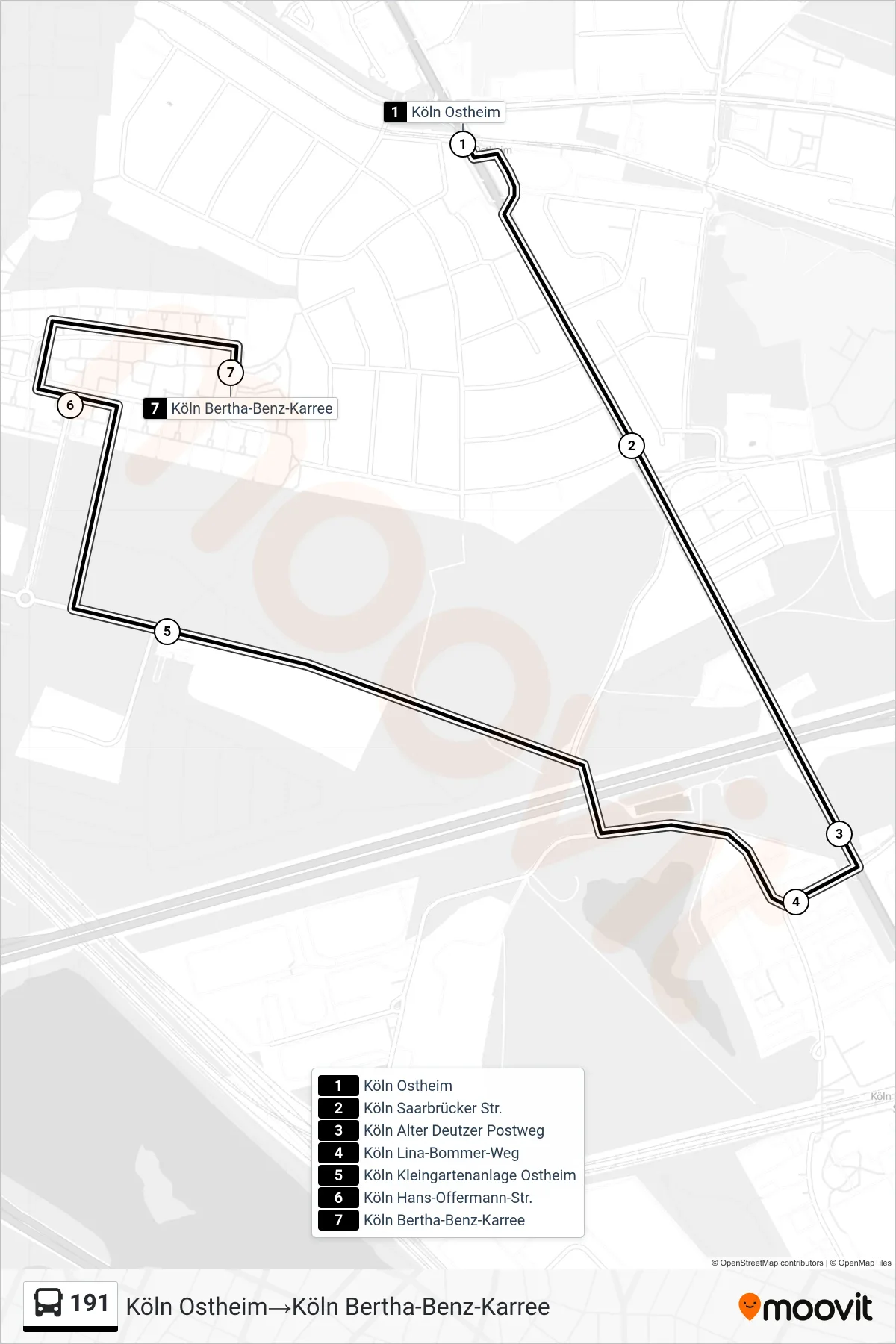 Linie 191 (Bus) Richtung Köln Ostheim‎→Köln Bertha-Benz-Karree: Route und Haltestellen auf der Karte