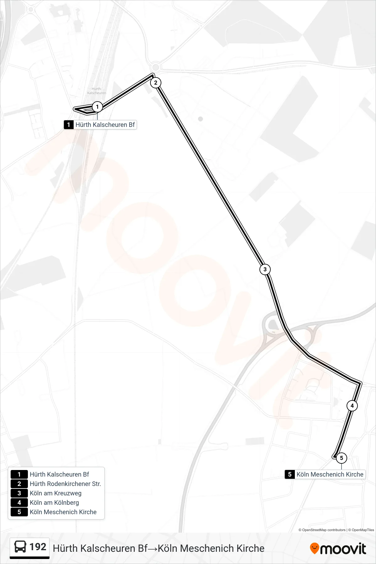 Linie 192 (Bus) Richtung Hürth Kalscheuren Bf→Köln Meschenich Kirche: Route und Haltestellen auf der Karte