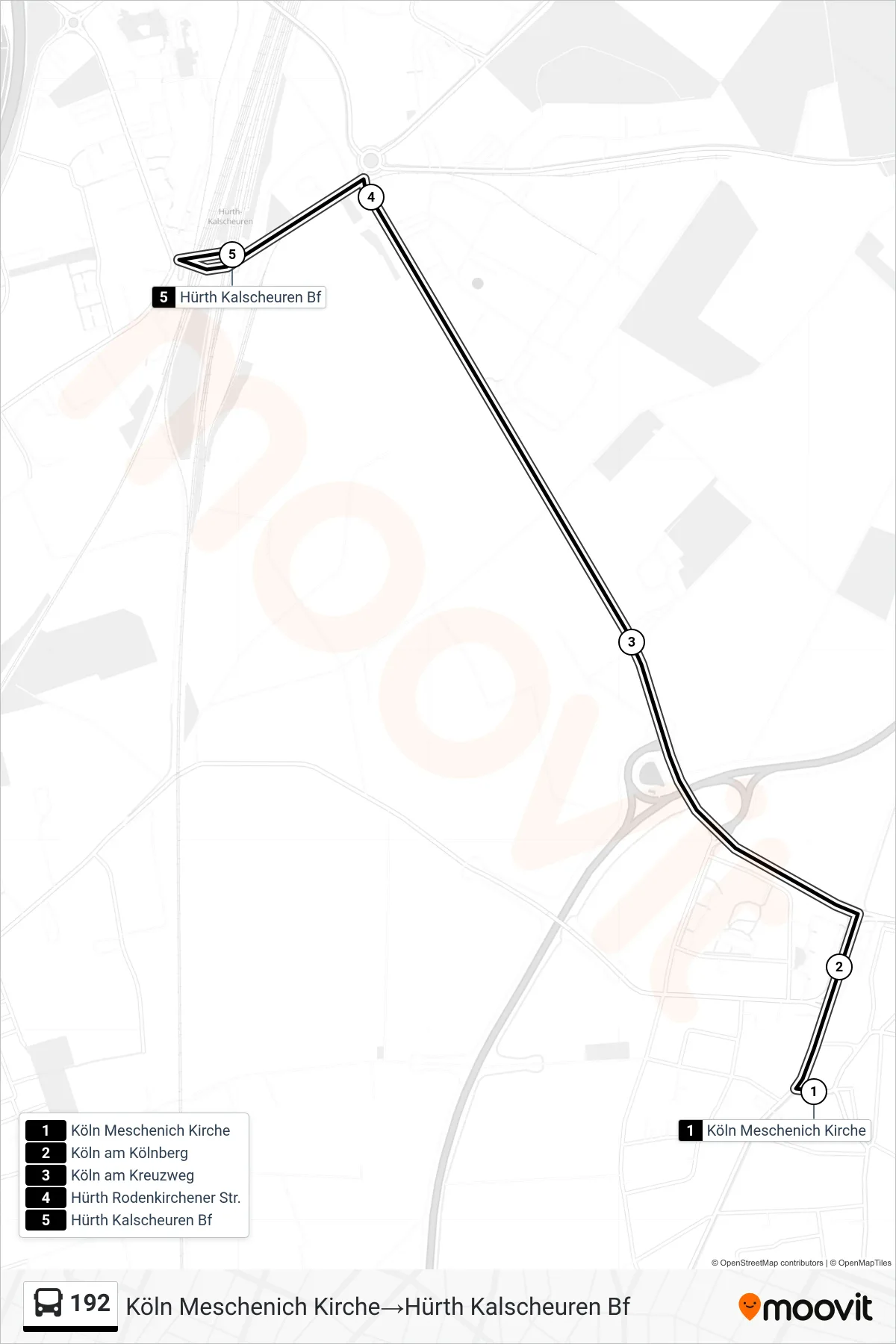 Linie 192 (Bus) Richtung Köln Meschenich Kirche→Hürth Kalscheuren Bf: Route und Haltestellen auf der Karte