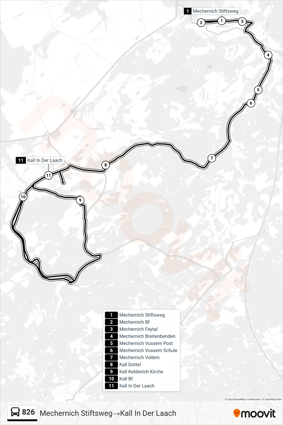 Linie 826 (Bus) Richtung Mechernich Stiftsweg→Kall In Der Laach: Route und Haltestellen auf der Karte