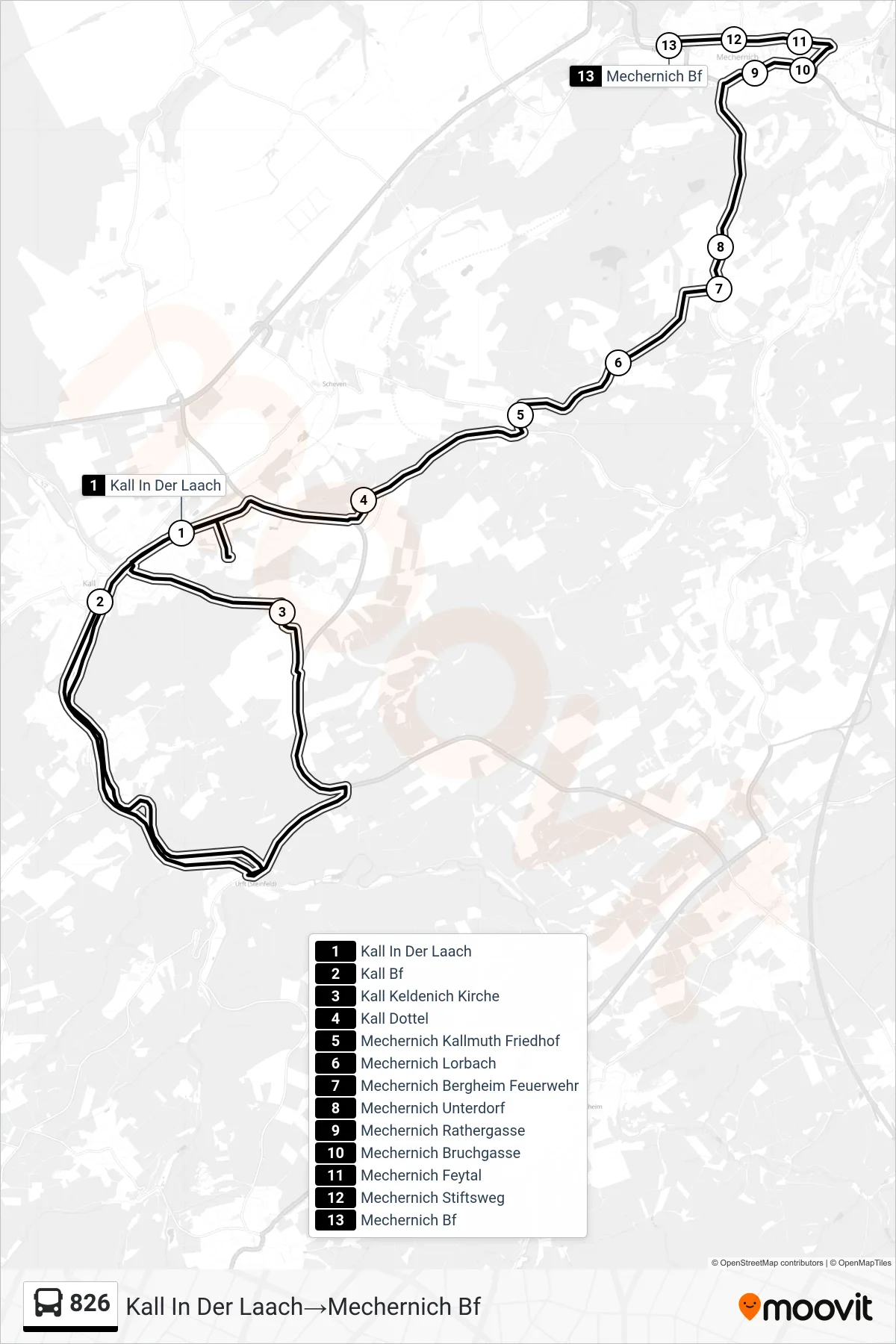 826 bus Line (Kall In Der Laach‎→Mechernich Bf) route and stops on a map