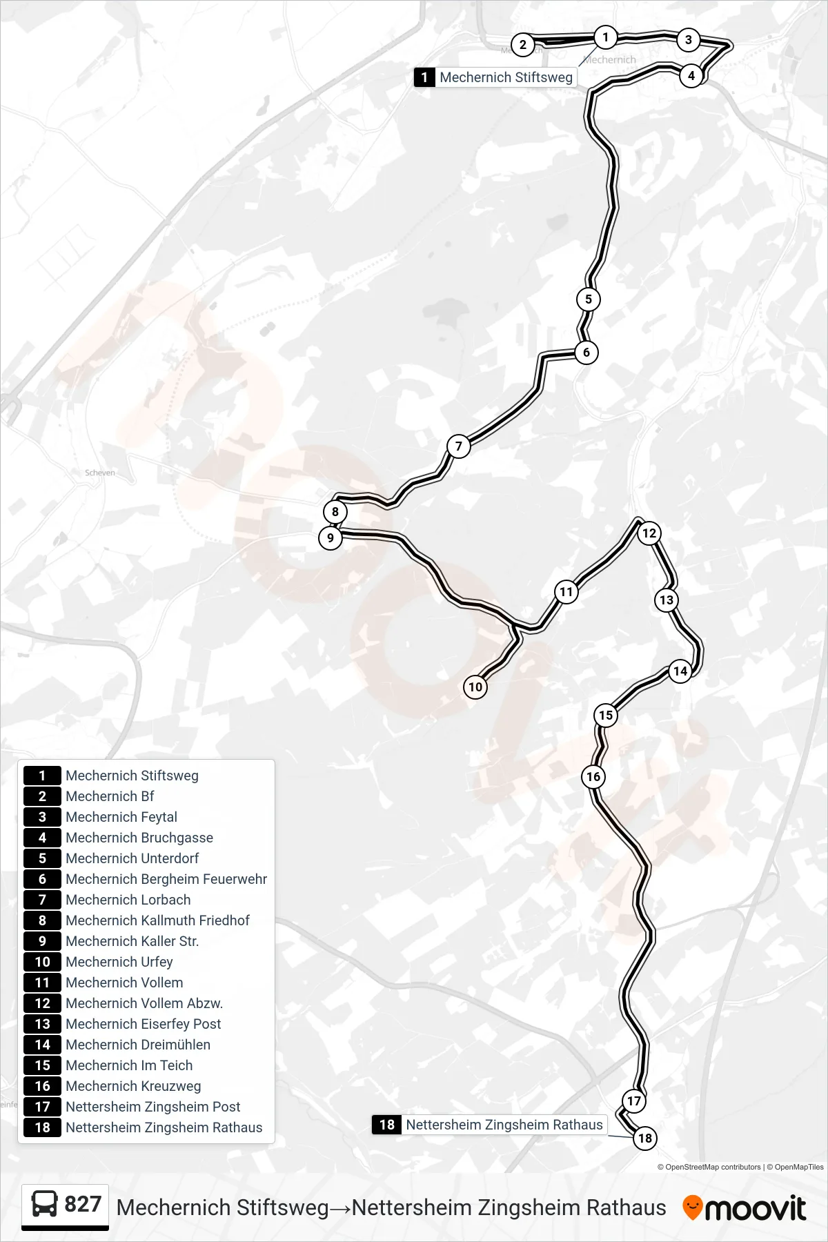 827 bus Line (Mechernich Stiftsweg‎→Nettersheim Zingsheim Rathaus) route and stops on a map
