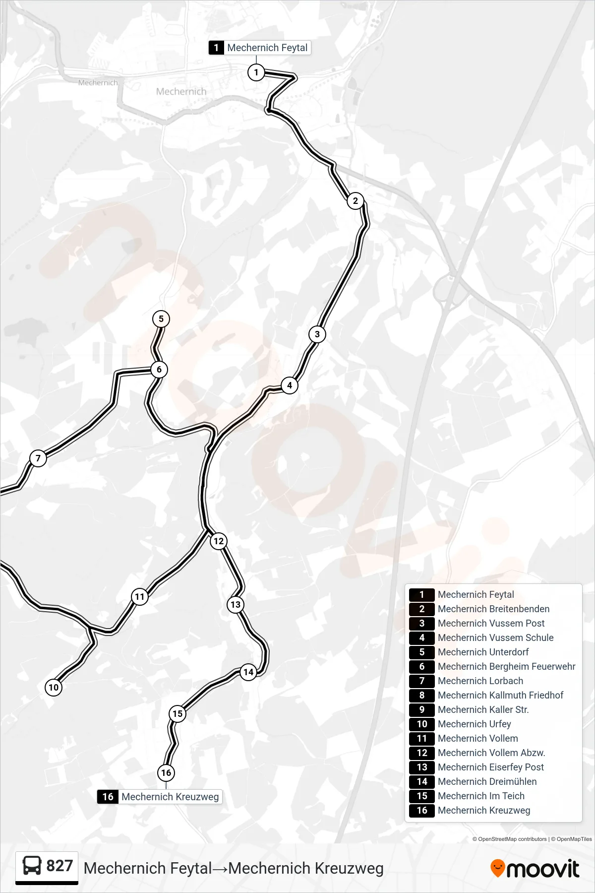 Linie 827 (Bus) Richtung Mechernich Feytal‎→Mechernich Kreuzweg: Route und Haltestellen auf der Karte