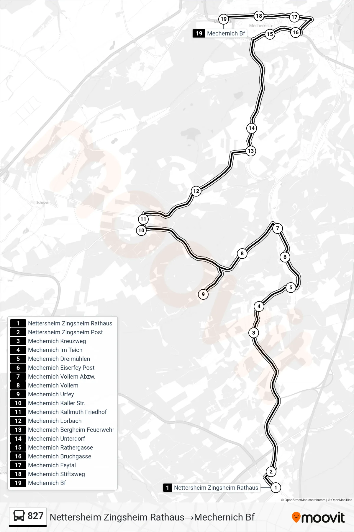 827 bus Line (Nettersheim Zingsheim Rathaus‎→Mechernich Bf) route and stops on a map