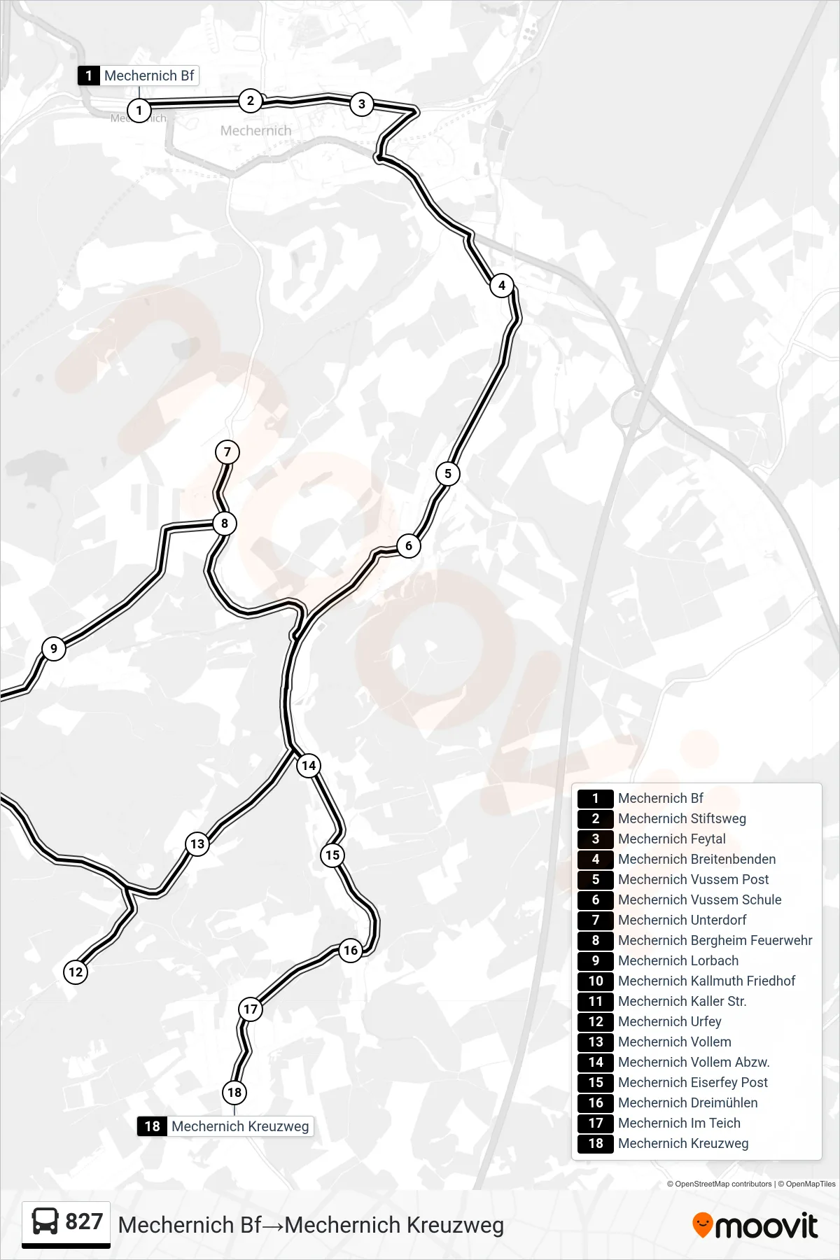 Linie 827 (Bus) Richtung Mechernich Bf‎→Mechernich Kreuzweg: Route und Haltestellen auf der Karte